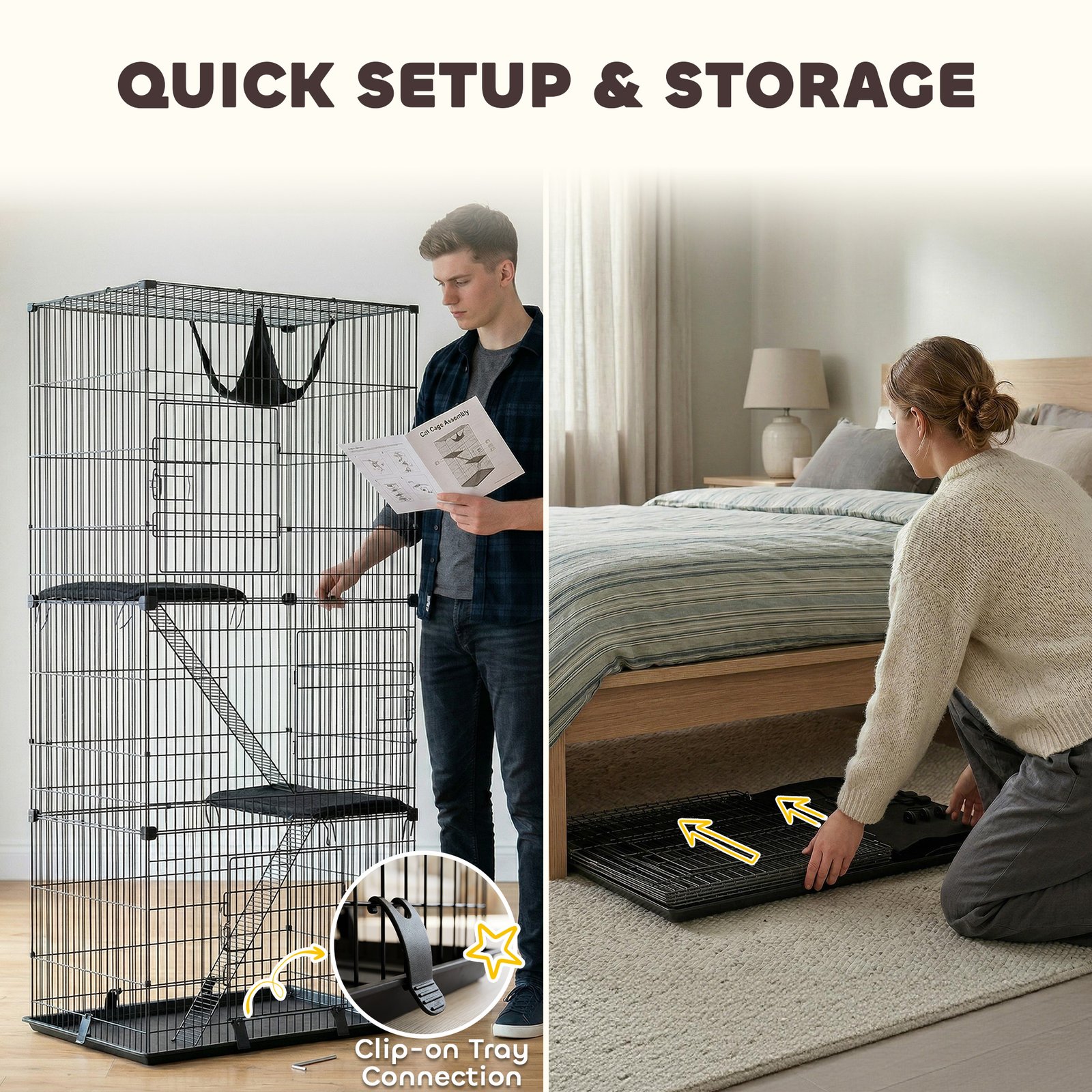 3-Tier Large Cat Cage Indoor, Detachable Metal Wire Kennel with Hammock, Platforms, Tray and Cushions for 1-2 Kittens - Image 8