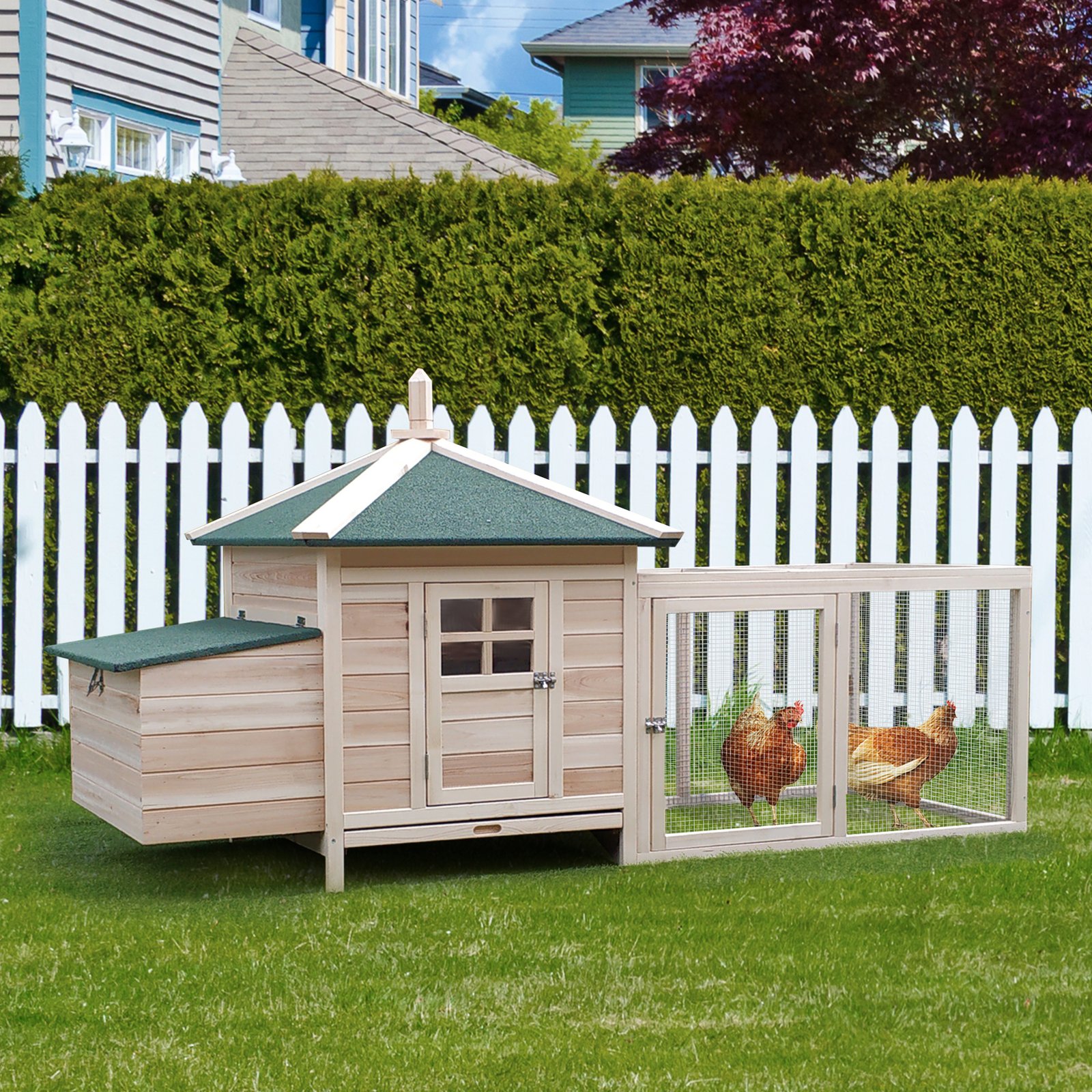Chicken Coop, Small Animal Pet Cage with Nesting Box, Outdoor Hen House with Run, Wooden