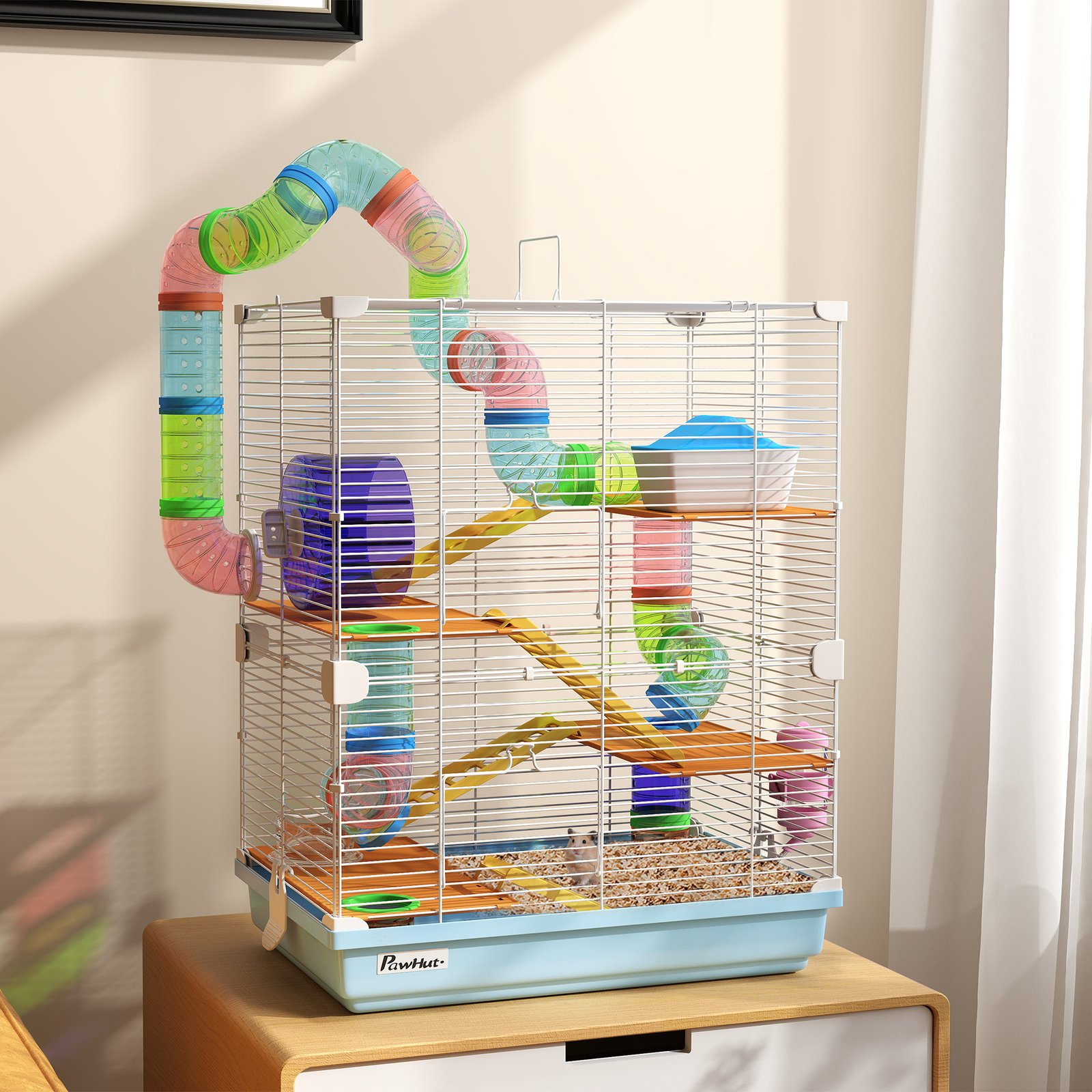 5 Tier Hamster Cage Carrier Habitat w/ Exercise Wheels, Tunnel, Light Blue - Image 9