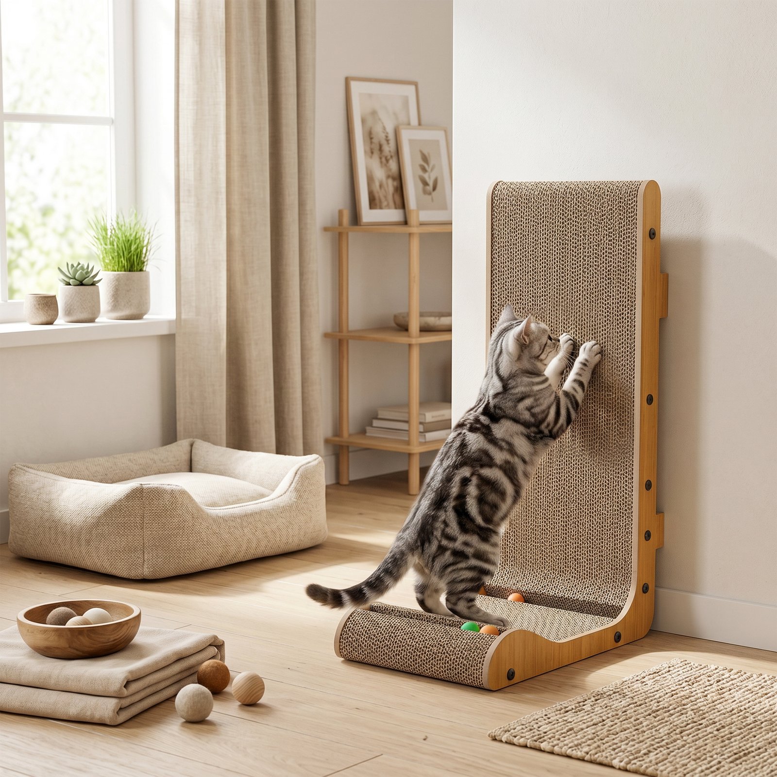 Cat Scratching Board Wall Mounted Cat Scratcher Corrugated 3 Toy Balls 39 x 23.5 x 57.5 cm Brown - Image 9