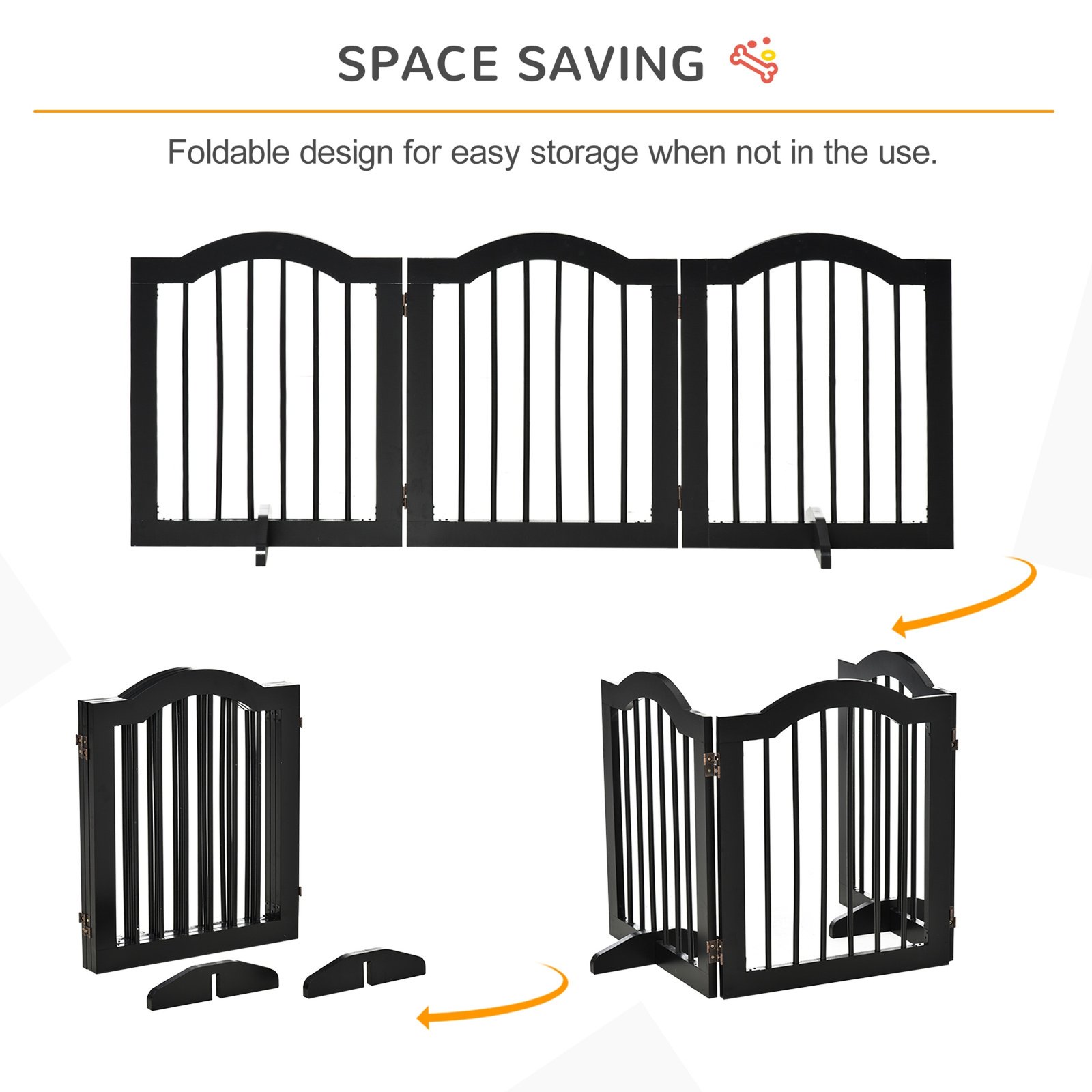 Freestanding Dog Gate Wooden Stair Gate for Dogs with Support Feet Foldable Pet Fence Safety Barrier for the House Doorway Stairs Black
