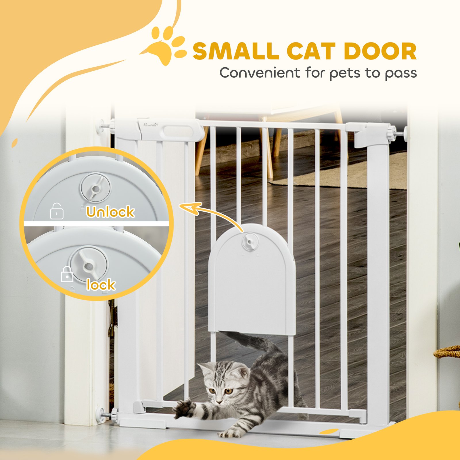 75-82cm Pet Safet Gaye, Pressure Fit Stair, with Cat Flap, Double Locking, White - Image 6