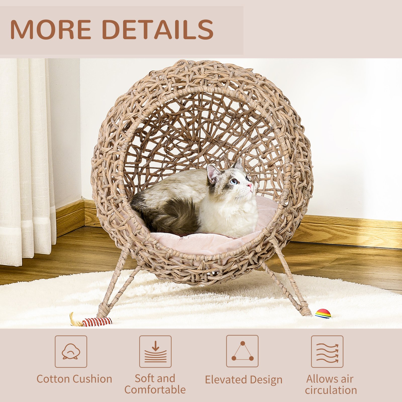 Wicker Cat Bed, Ball-Shaped Rattan Elevated Cat Basket with Three Tripod Legs, Cushion - Natural Wood Finish - Image 4