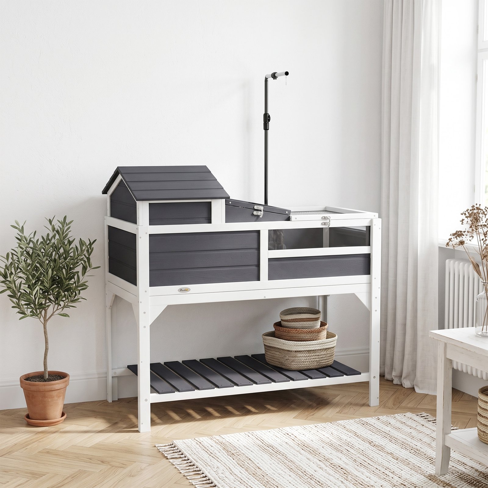 Wooden Tortoise Enclosure, Tortoise Tank w/ Adjustable Lamp Holder, Openable Lid, Removable Main House - Grey