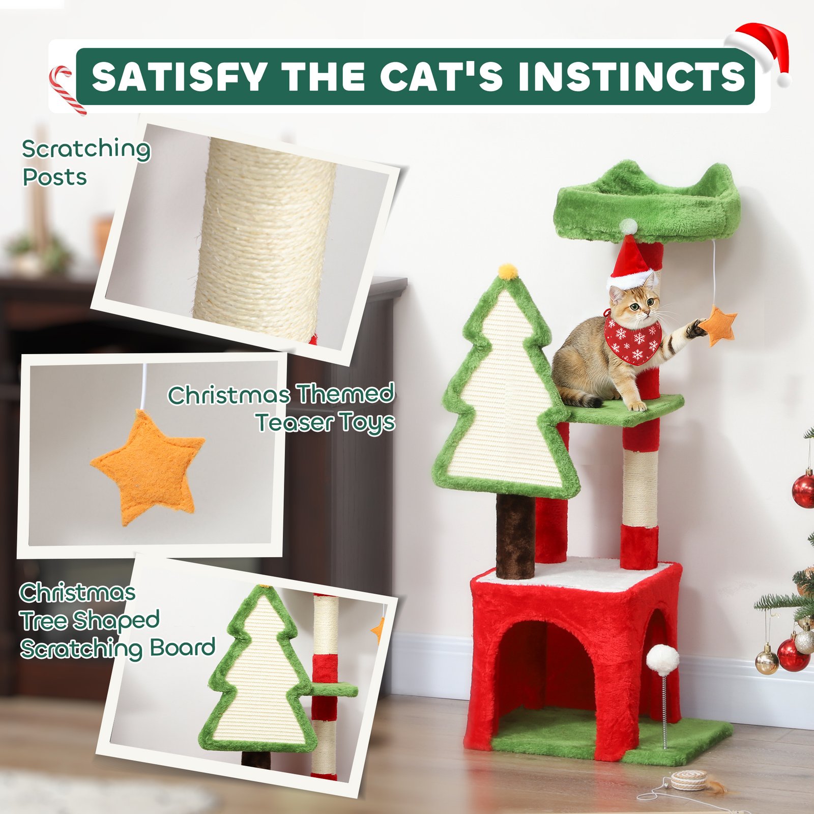 Christmas Cat Tree, 120cm Cat Tower with Scratching Post & Board, Platform, Toys, Green - Image 5