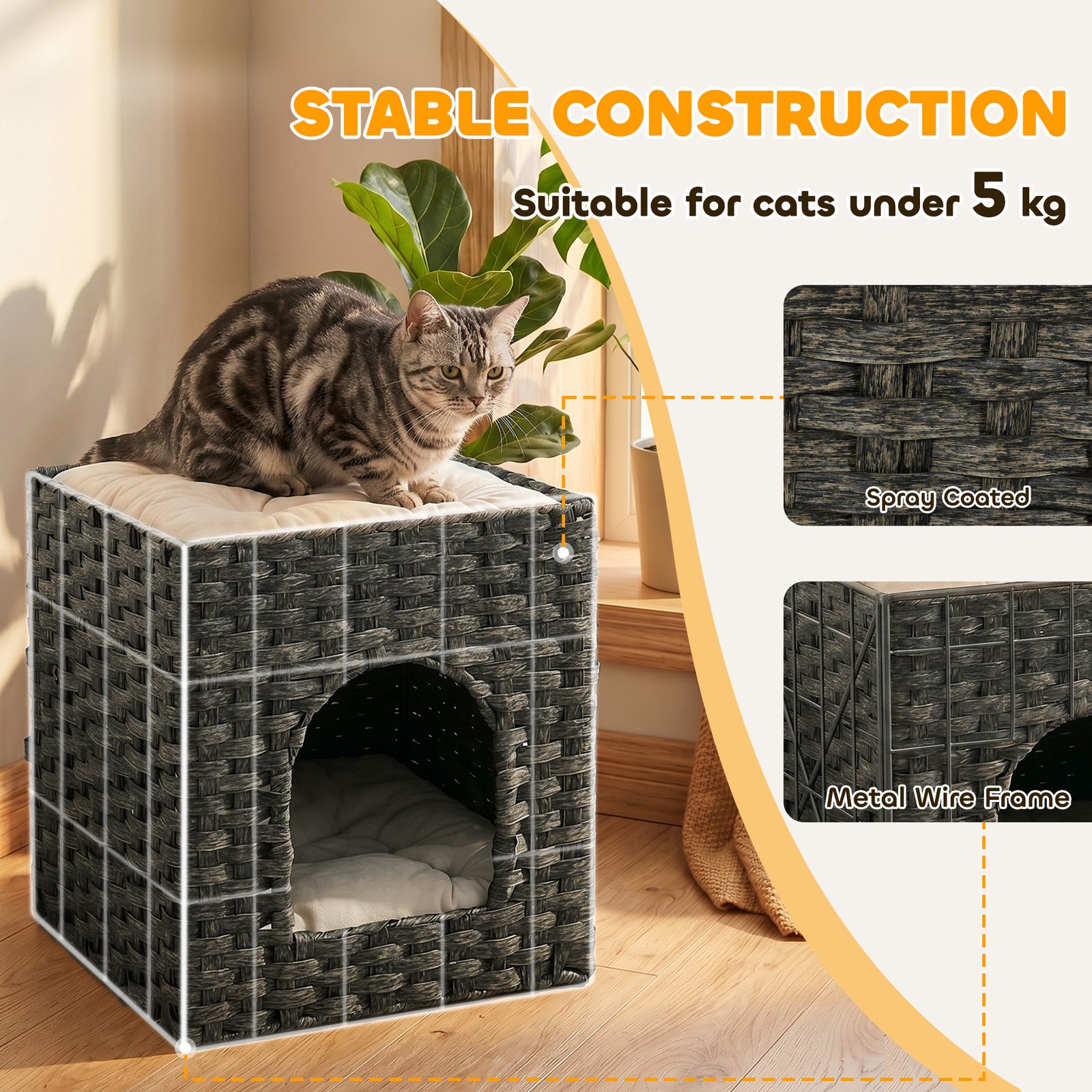 2-Tier Wicker Cat House, Handwoven Rattan Cat Bed with Washable Cushions, Indoor Kitten Condo Hideaway - Image 7