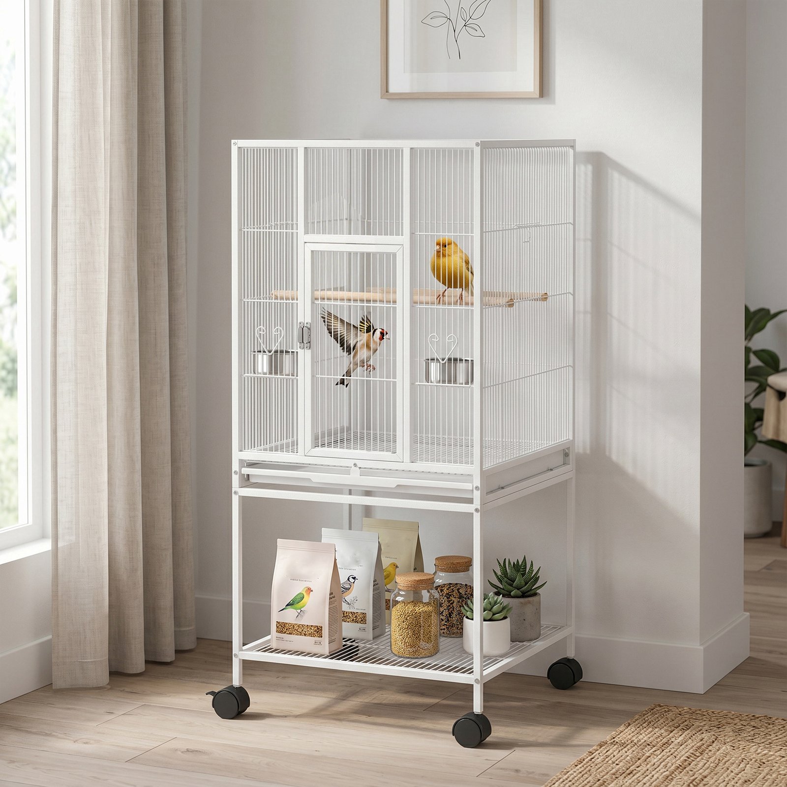 Bird Cage Detachable with Rolling Stand Parrot Cage with Storage Shelf White