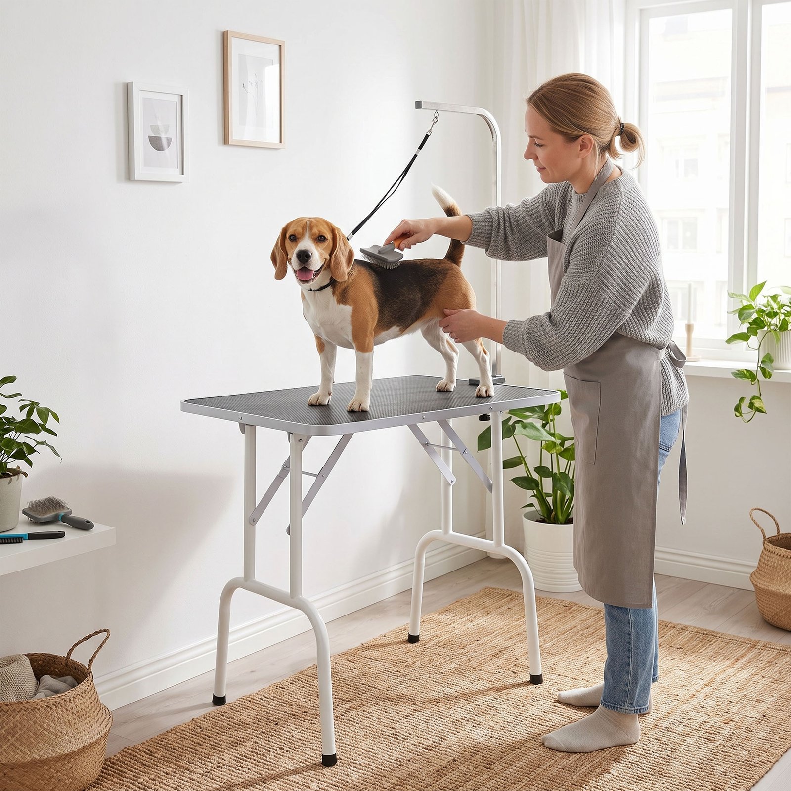 32" Foldable Dog Grooming Table Pet Drying Beauty Table Adjustable Fixed Arm Rubber Top, Black