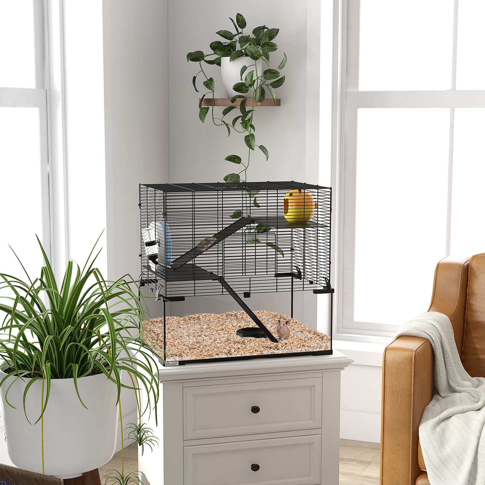 3 Tiers Hamster Cage, Gerbil Cage with Deep Glass Bottom, Non-Slip Ramps, Platforms, Hut, Exercise Wheels, Water Bottle, Dish, for Syrian Hamster, Dwarf Hamster, 60 x 40 x 54.5cm - Image 9