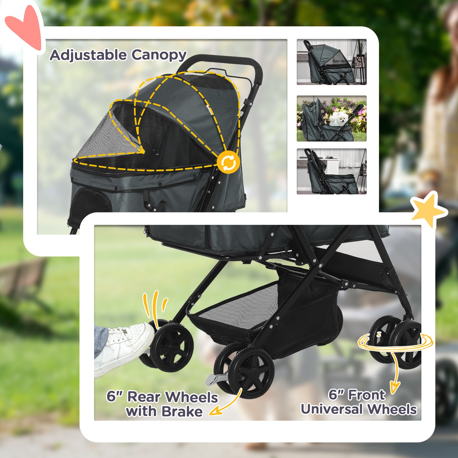 Pet Stroller Pushchair Foldable Travel Dog Cat Carriage w/ Reversible Handle Brake Basket