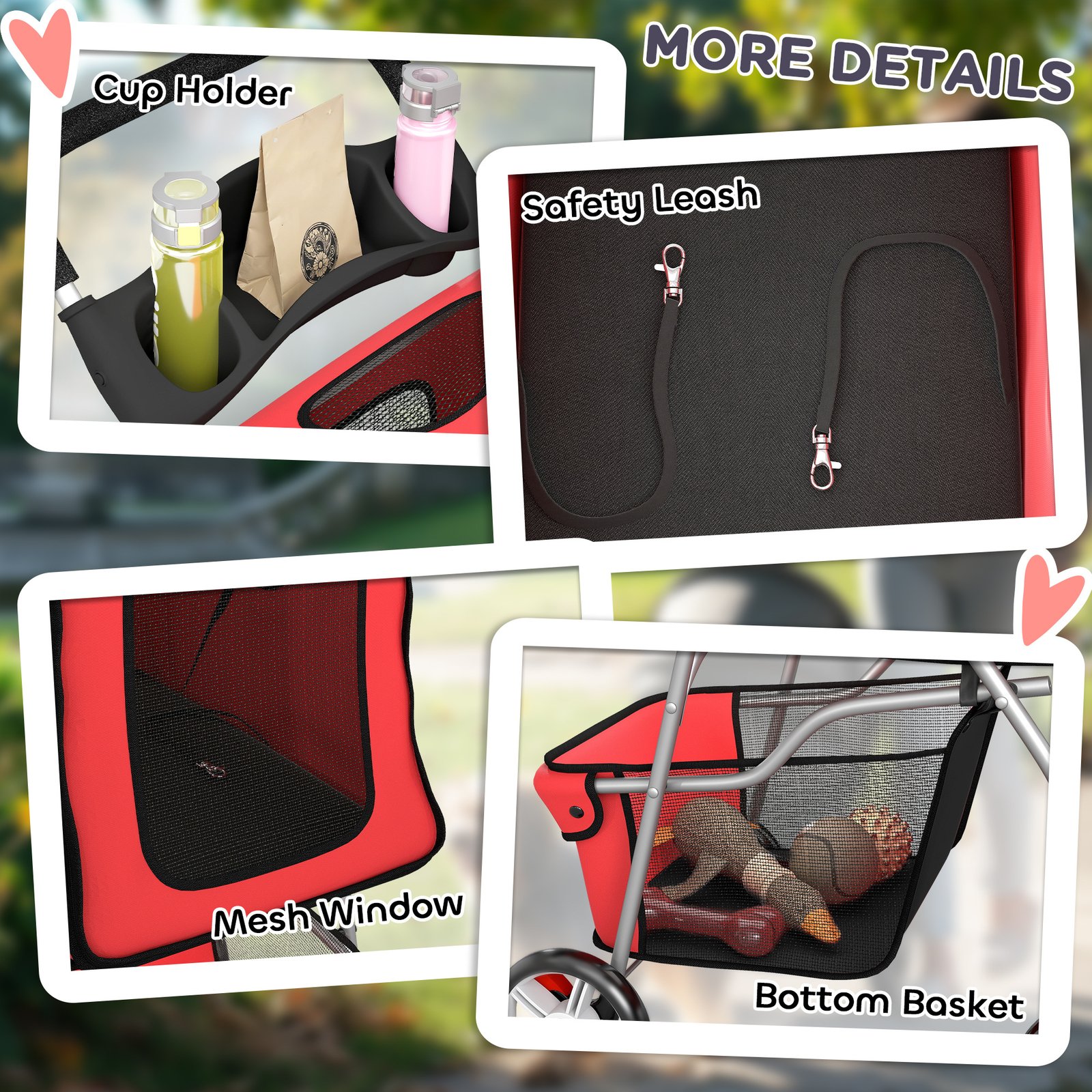 Dog Pram, Pet Stroller with Reflective Strips, Foldable Cat Stroller with 360° Swivel Wheels, Red
