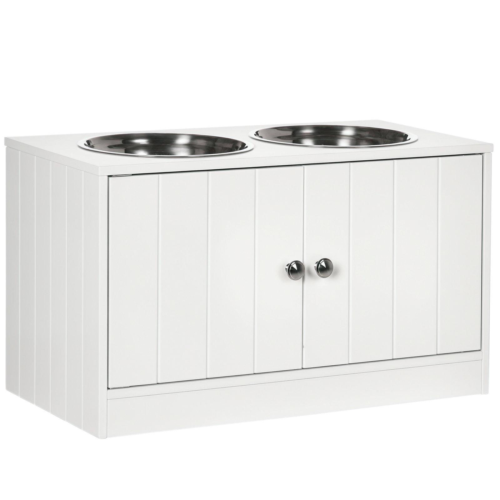 Raised Pet Feeder, with Two Bowls, Storage - White