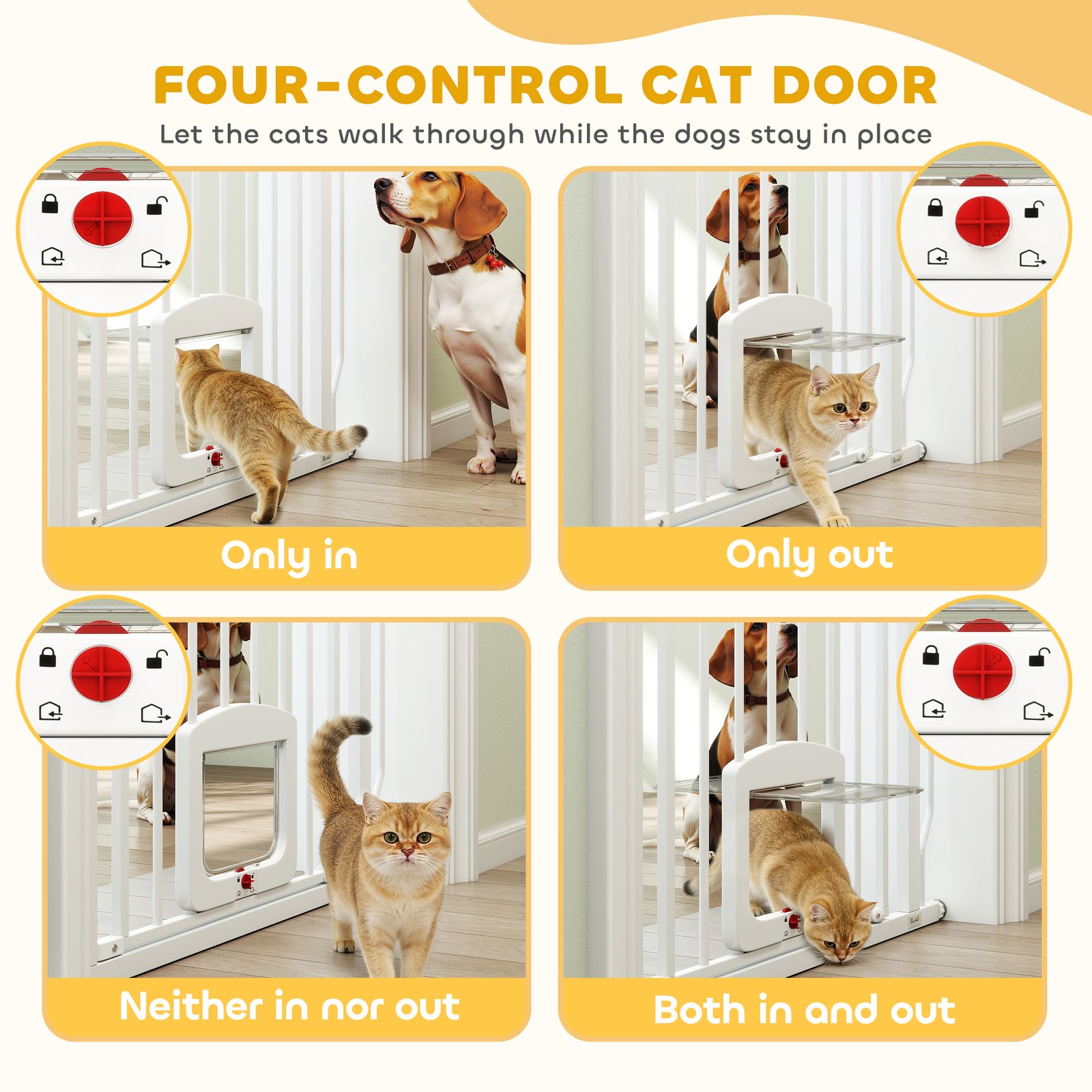 Adjustable Pet Gate with Cat Door, Pressure Fit Barrier for Doorway and Hallway, 75-85 cm, White