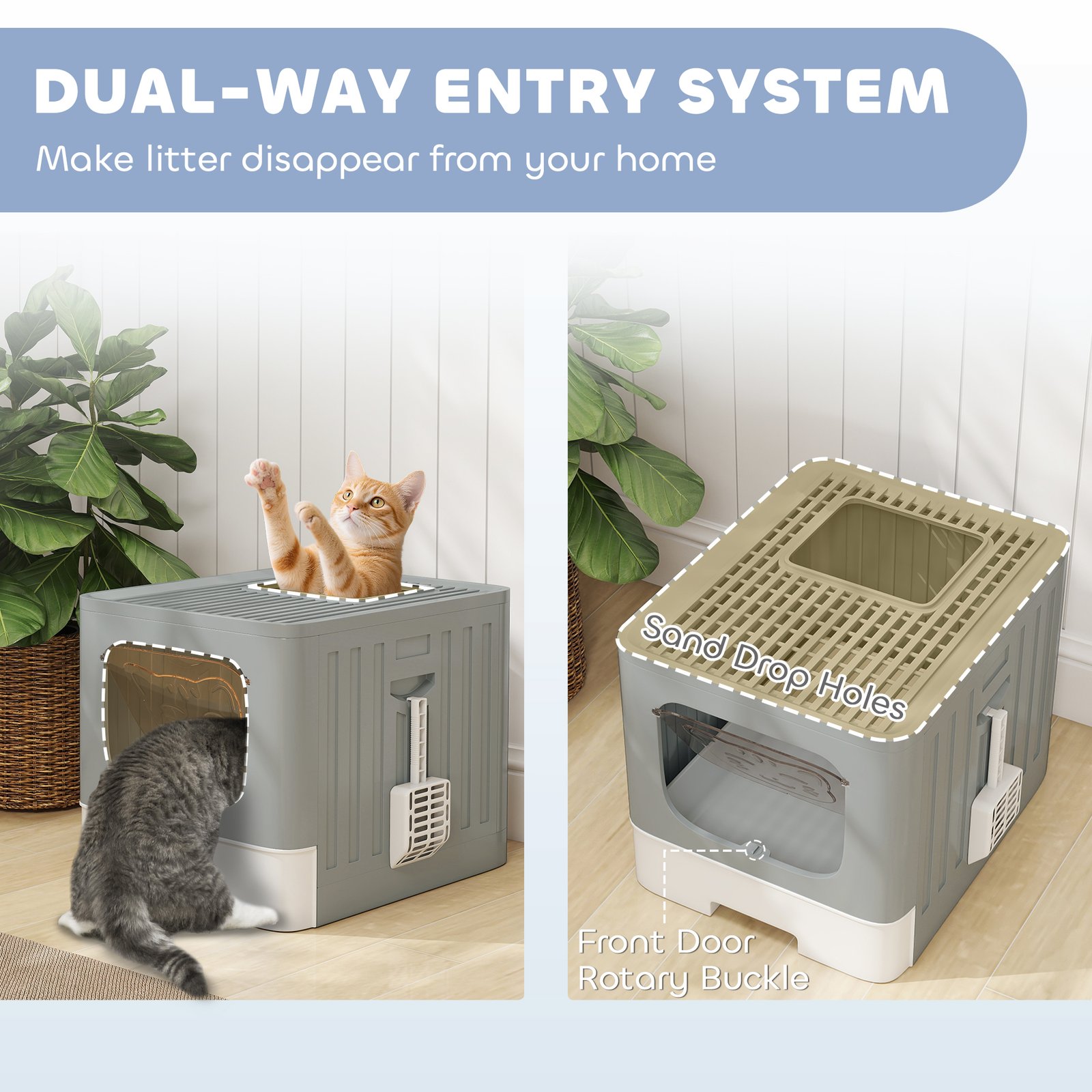 Cat Litter Box with Lid, Slide-Out Drawer, Scoop, Easy Clean, Odour Control, Anti-Splashing, Grey