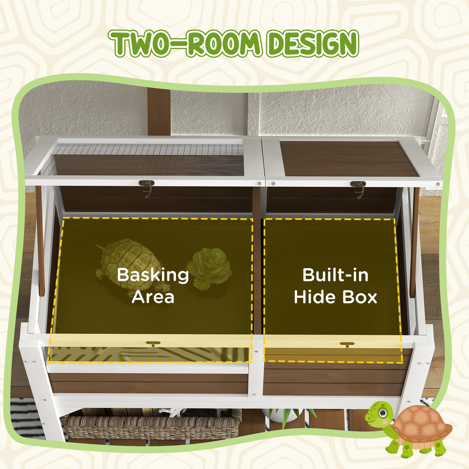 Wooden Tortoise House, with Shelter, Run, Shelf, Lamp Holder, Tray - Brown