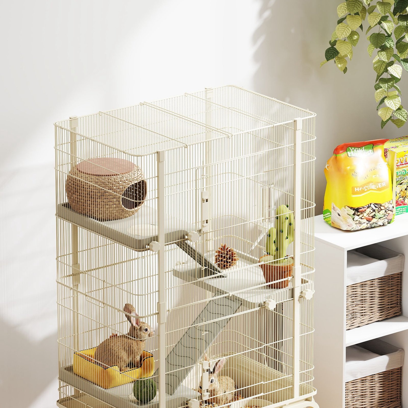 4-Level Rolling Small Animal Cage, Rabbit Cage with 3 Ramps, Water Bottle, Food Dish, 15cm Deep Tray, Beige - Image 8