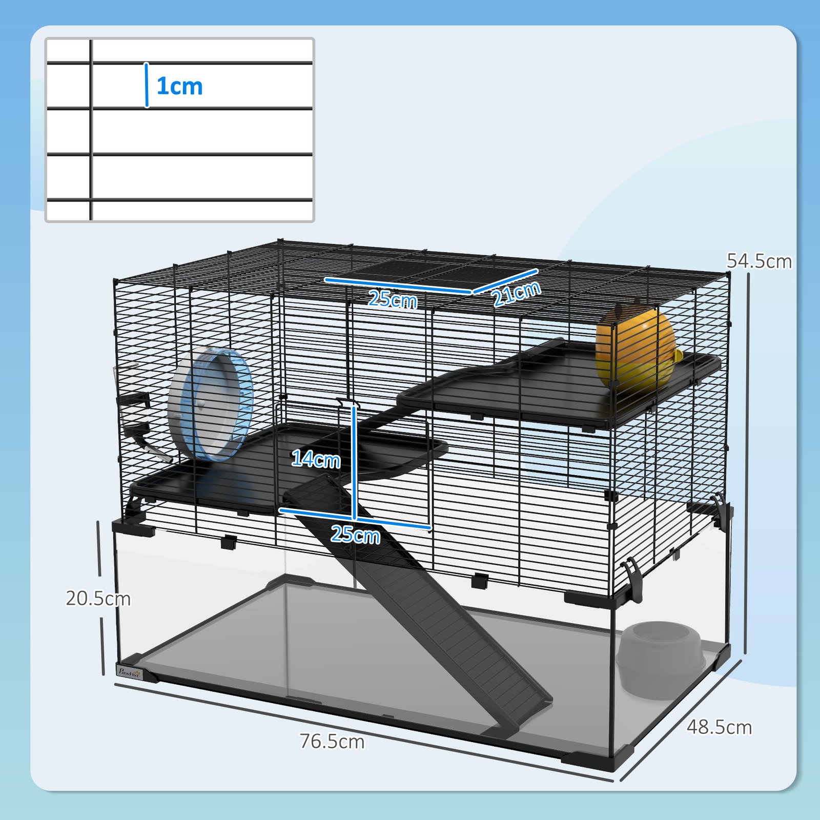 3 Tiers Hamster Cage, Gerbil Cage with Deep Glass Bottom, Non-Slip Ramps, Platforms, Hut, Exercise Wheels, Water Bottle, Dish, for Syrian Hamster, Dwarf Hamster, 76.5 x 48.5 x 54.5cm - Image 3