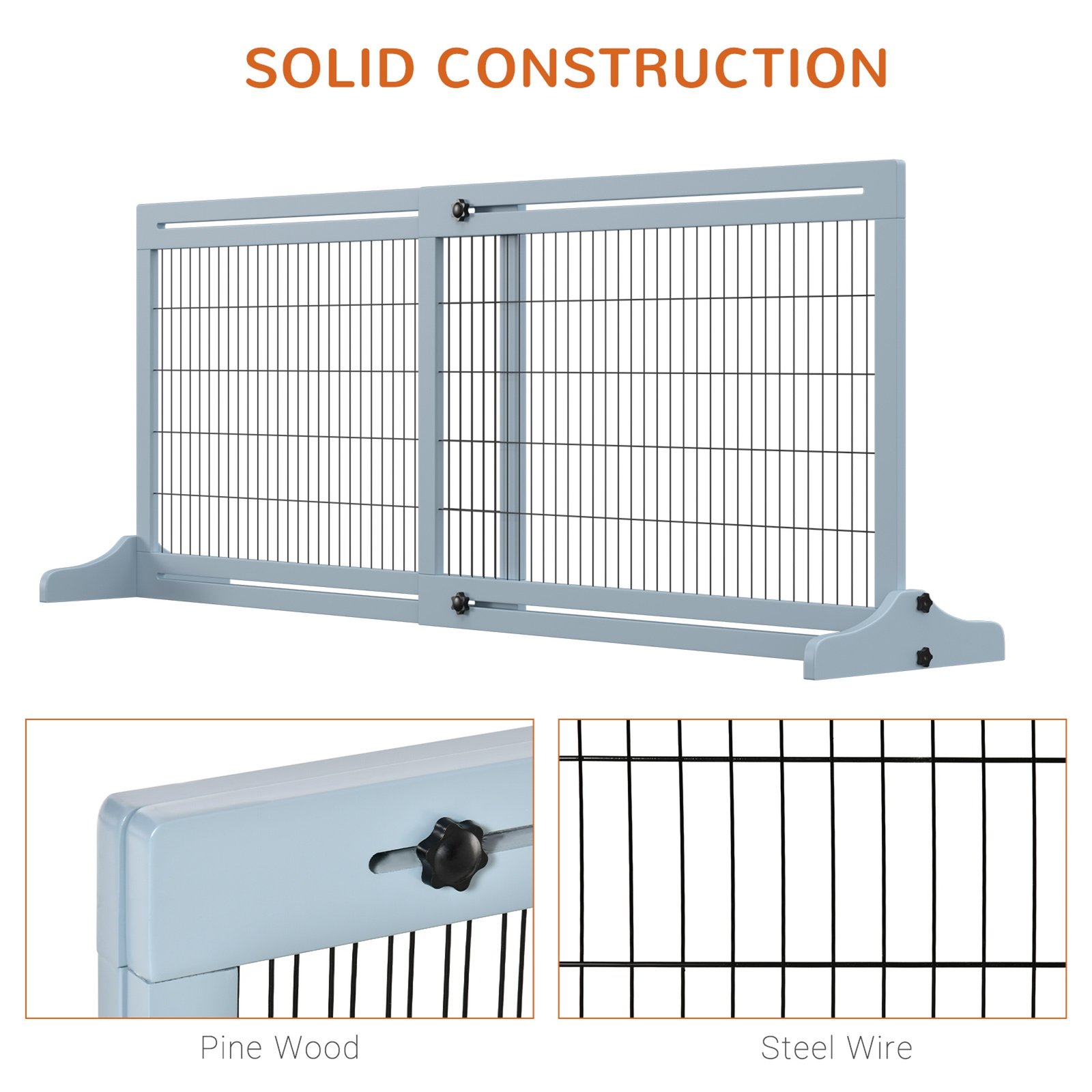 Freestanding Dog Gate, Foldable Pet Fence, Indoor Wood Barrier, Stair Gate with Support Feet, for Doorway, Hallway, Small and Medium Dogs, 69H x 104-180 cm, Blue-grey