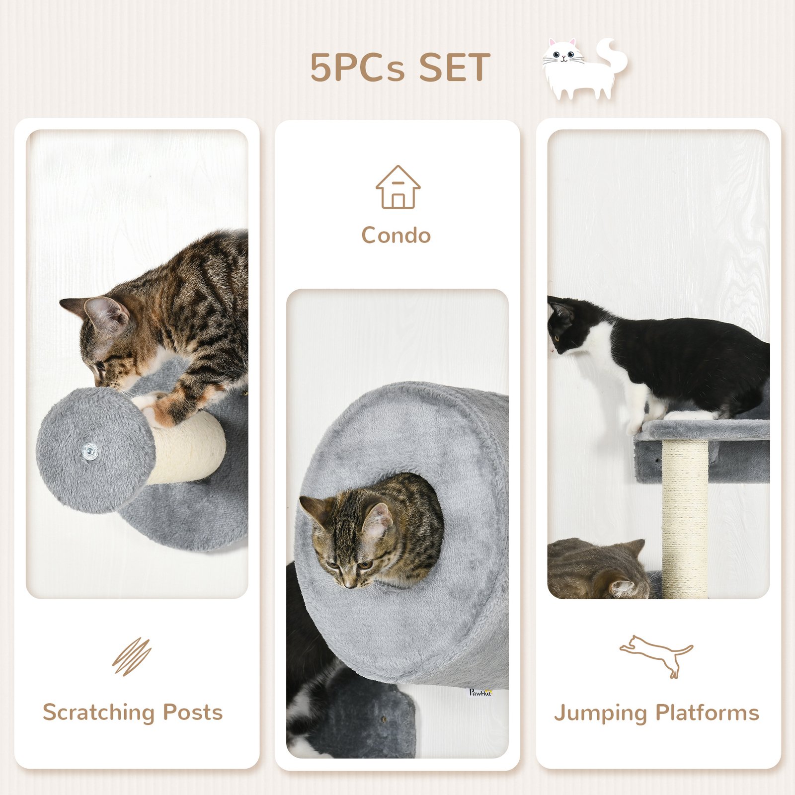 5PCs Cat Wall Furniture with Perch, Cat House, Scratching Post - Image 5