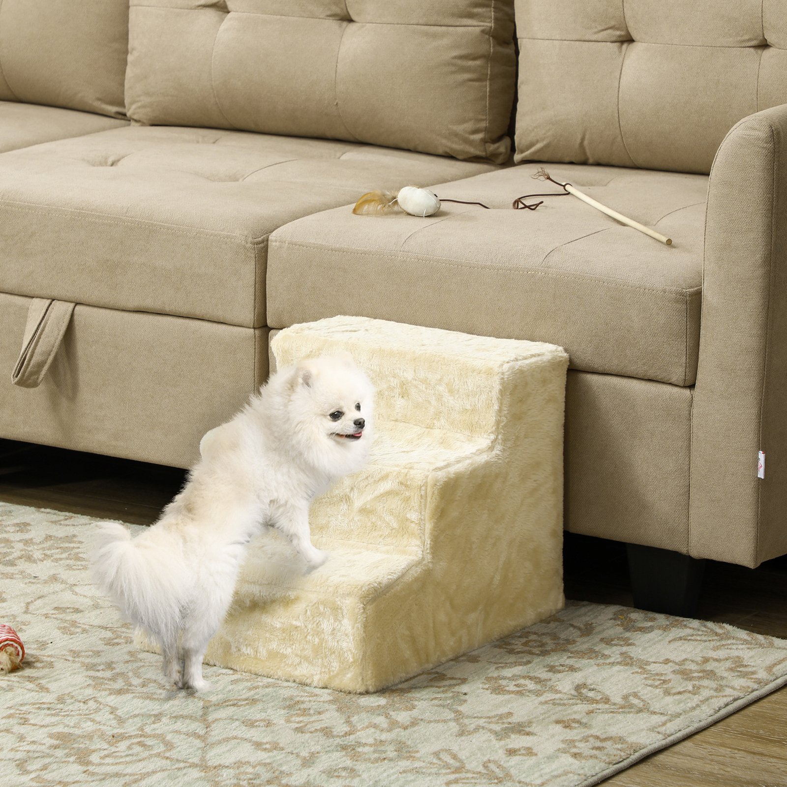 Three-Step Dog Stairs, with Washable Plush Cover, for High Bed Sofa, Dog Stairs for Small Dog and Cat - Beige