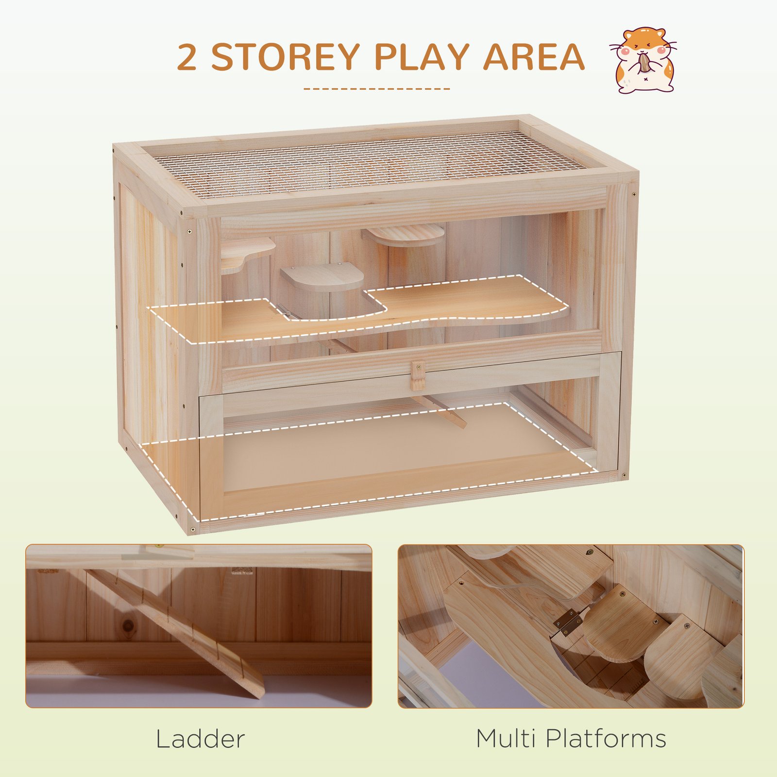 Wooden Hamster Cage Mouse Mice Rodent Small Animals Hutch Exercise Play House 60 x 35 x 42cm, Natural Wood Finish - Image 4
