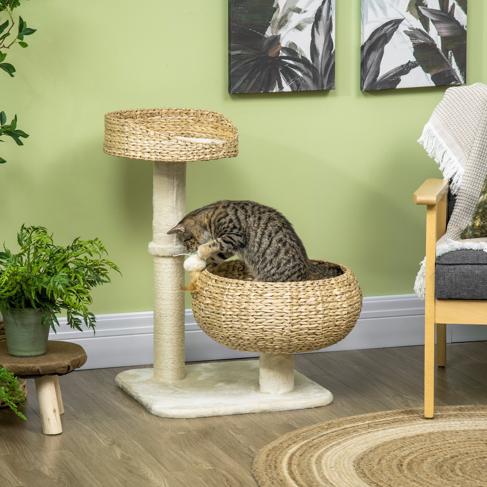 72cm Cat Tree Kitten Tower, with Sisal Scratching Post, Two Beds, Toy Ball - Image 9