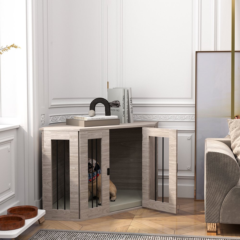 Dog Crate Furniture Side Table, with Cushion, 104 x 55 x 63cm - Walnut Brown - Image 8