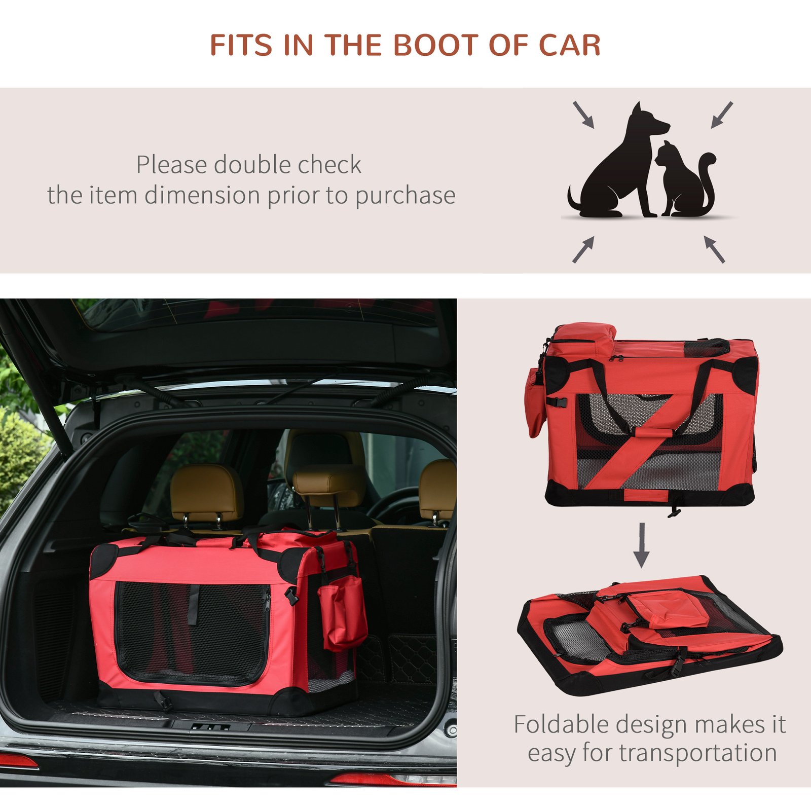 Foldable Pet Carrier for Small and Miniature Dogs, Portable Cat Carrier Soft Side Pet Travel Crate with Removable Mat, Storage Bags, Breathable Mesh Window 60 x 42 x 42cm - Red - Image 7