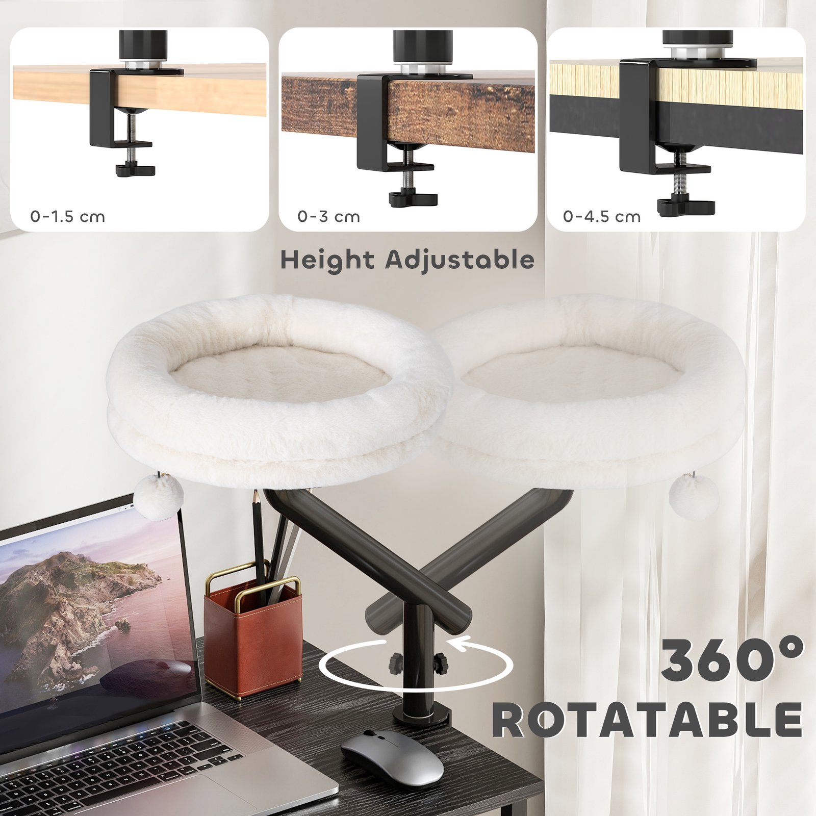 Cat Desk Bed, Cat Hammock 360° Rotatable Adjustable for Window, Table, Work, Cream White