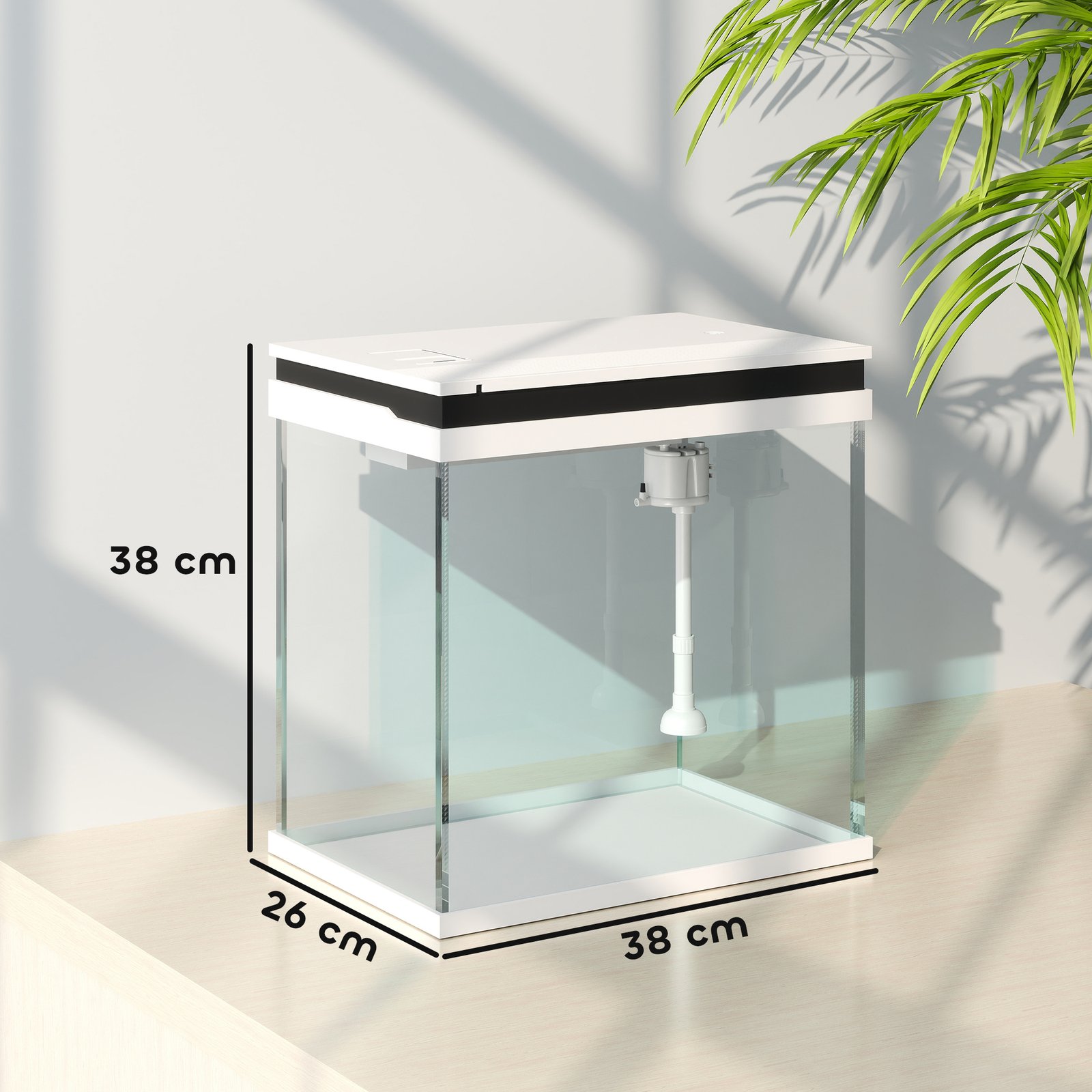 26L Glass Fish Tank With Filter System, LED Lights, Water Pump, White