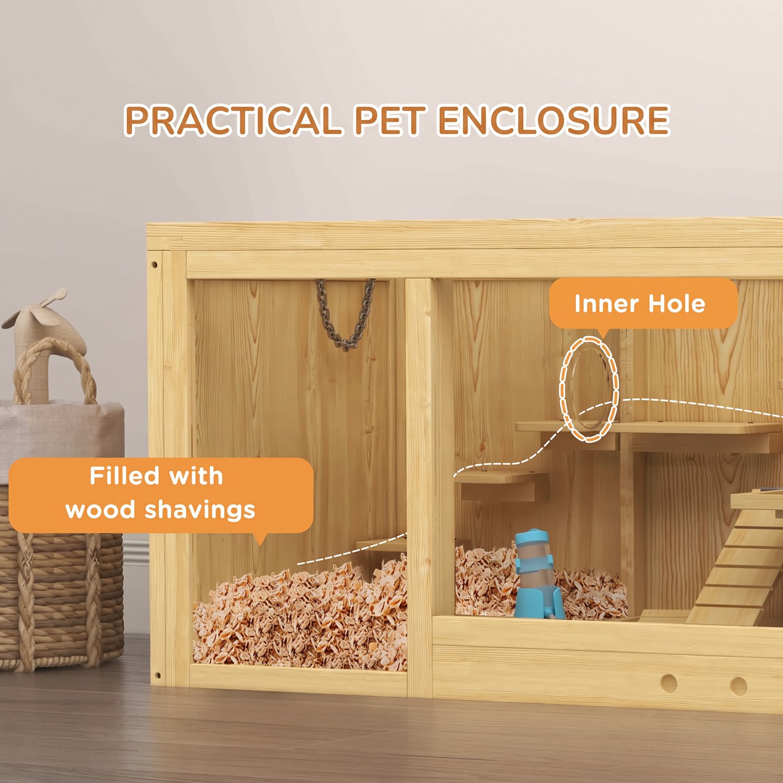 Wooden Hamster Cage with Water Bottle, Platforms, Openable Roof, Sliding Tray, Hut, Seesaws, Natural Wood Finish