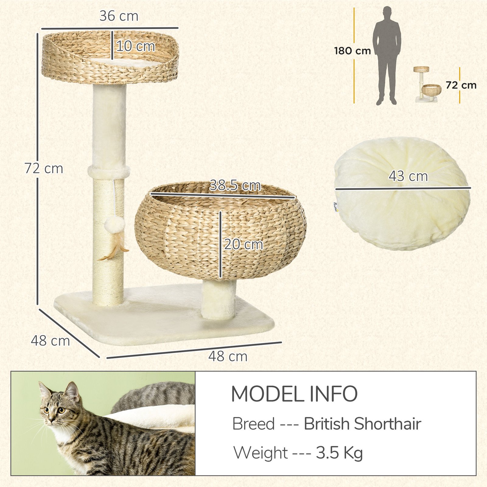 72cm Cat Tree Kitten Tower, with Sisal Scratching Post, Two Beds, Toy Ball - Image 3