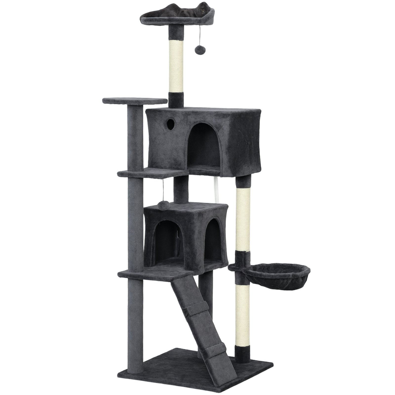 180cm Large Cat Tree Tower with Sisal Scratching Posts, Condos, Plush Perches, Hammock, Ladder, Dark Grey