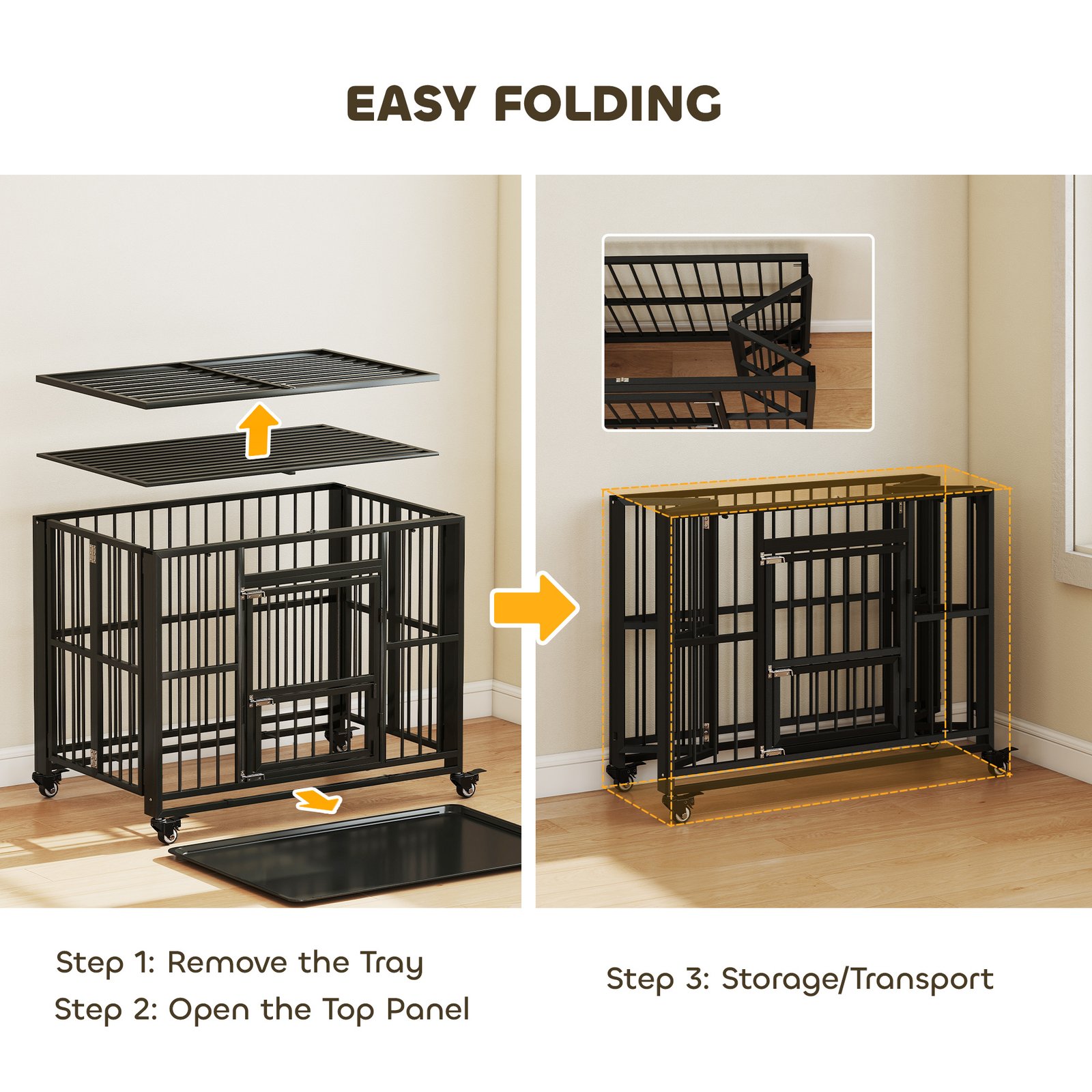 43" Heavy Duty Dog Crate, Foldable Dog Cage, with Openable Top, Locks, Removable Tray, Wheels - Black - Image 7