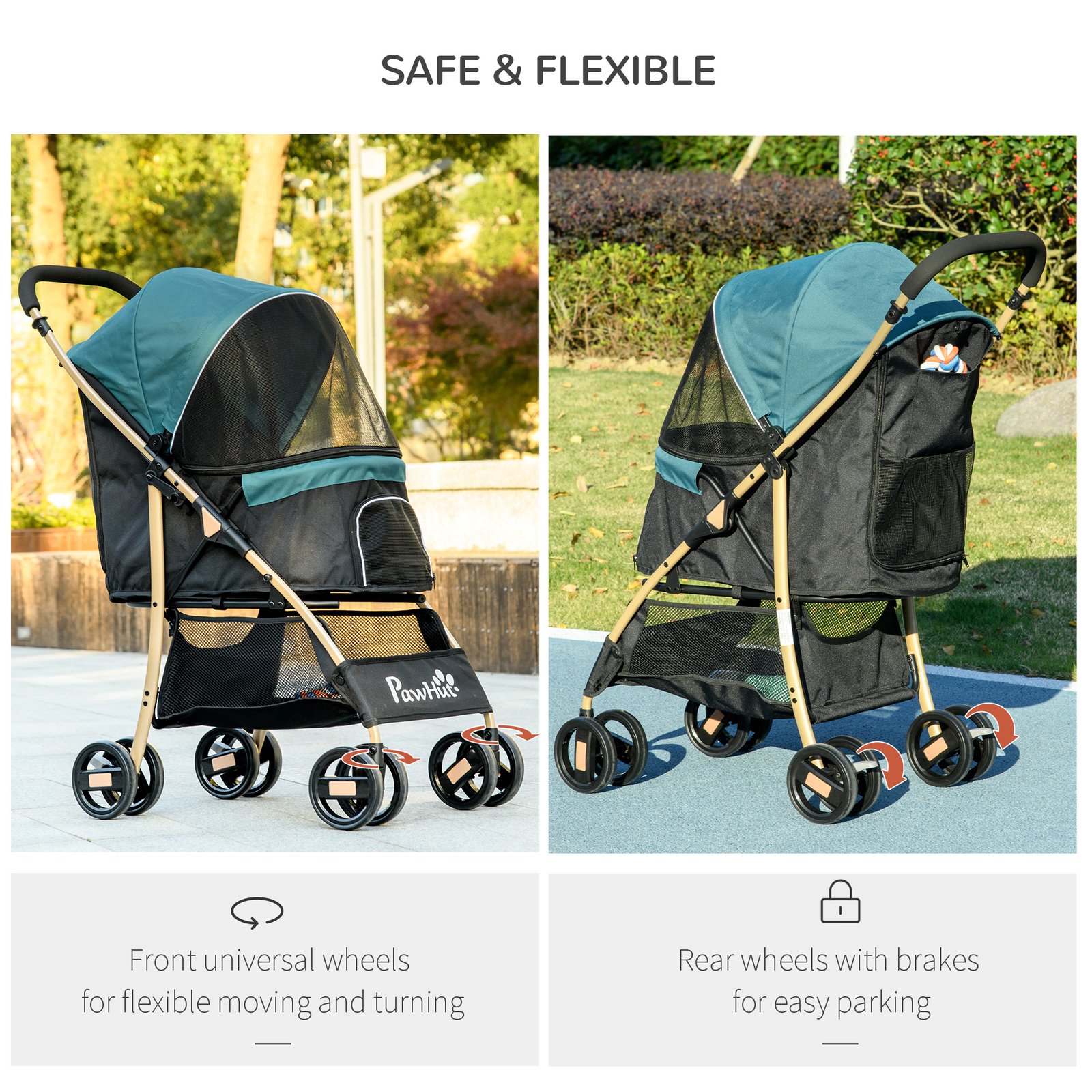 Pet Stroller for Small and Miniature Dogs, with Rain Cover - Dark Green - Image 6