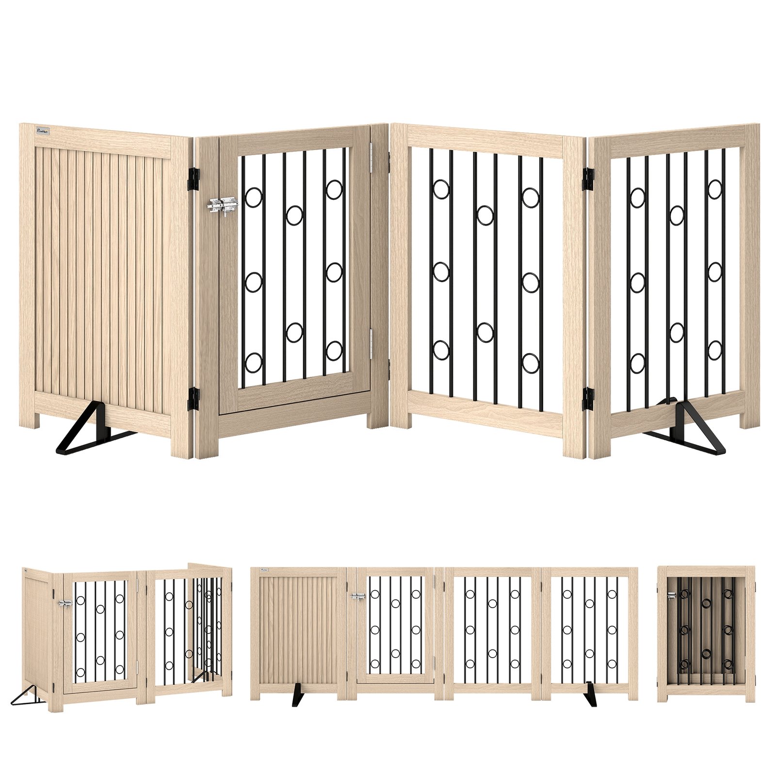 4 Panel Freestanding Pet Gate, Indoor Dog Barrier with Lockable Door, Support Feet, 360° Flexible Hinges, Oak
