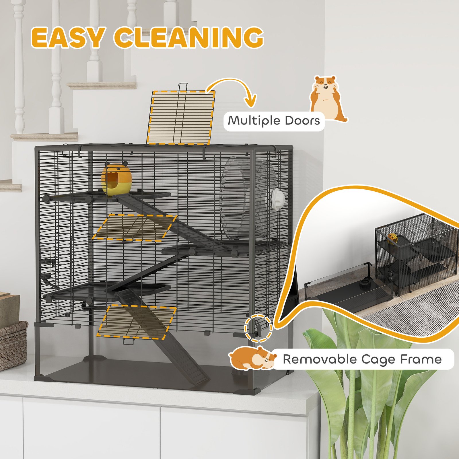 Four-Tier Hamster Cage with Deep Tempered Glass Bottom, Hut, Running Wheel, Food Dish, Water Bottle, 78.5 x 48.5 x 80cm