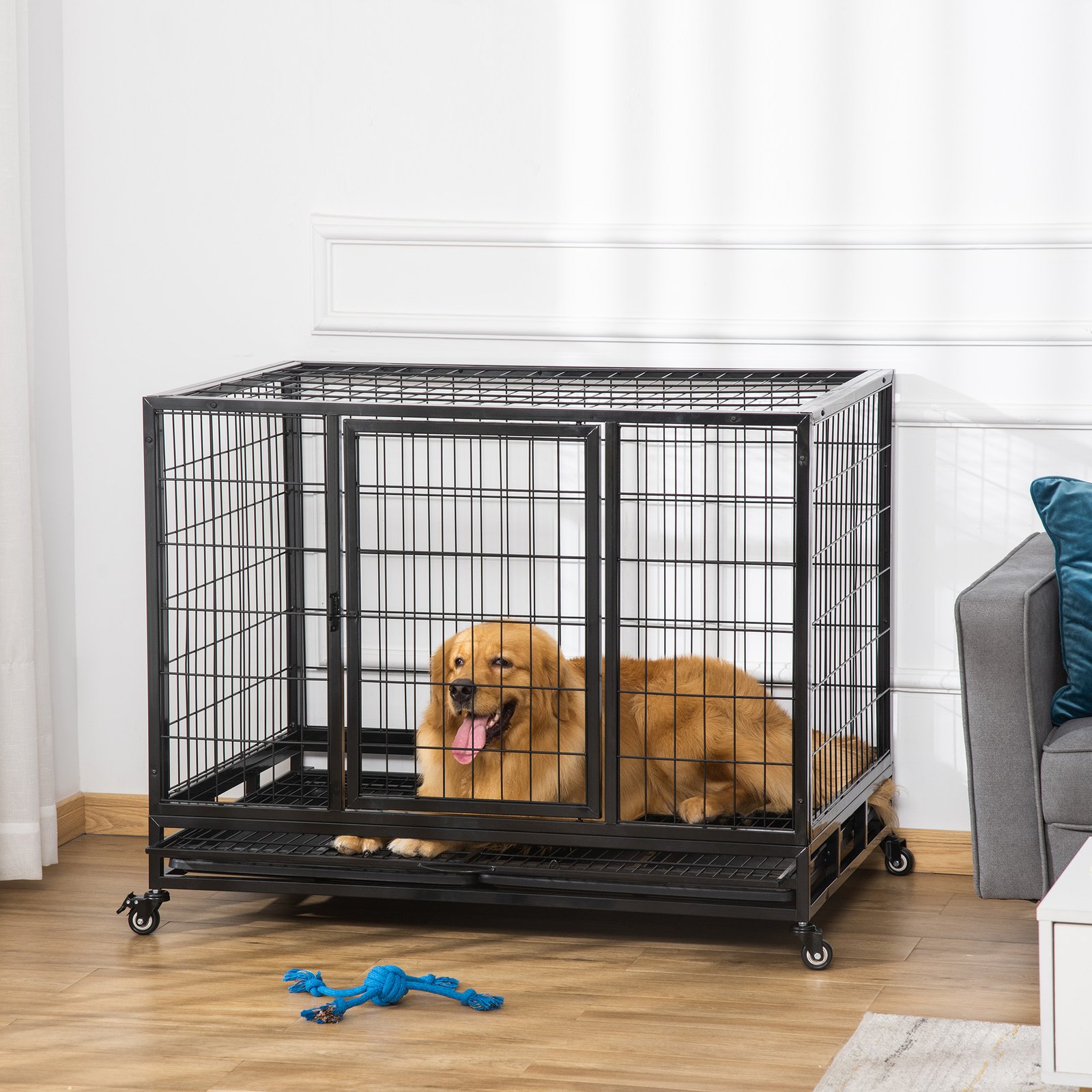 43" Heavy Duty Metal Dog Crate Pet Cage with Tray Wheeled Dog Kennel - Black (Large) - Image 9