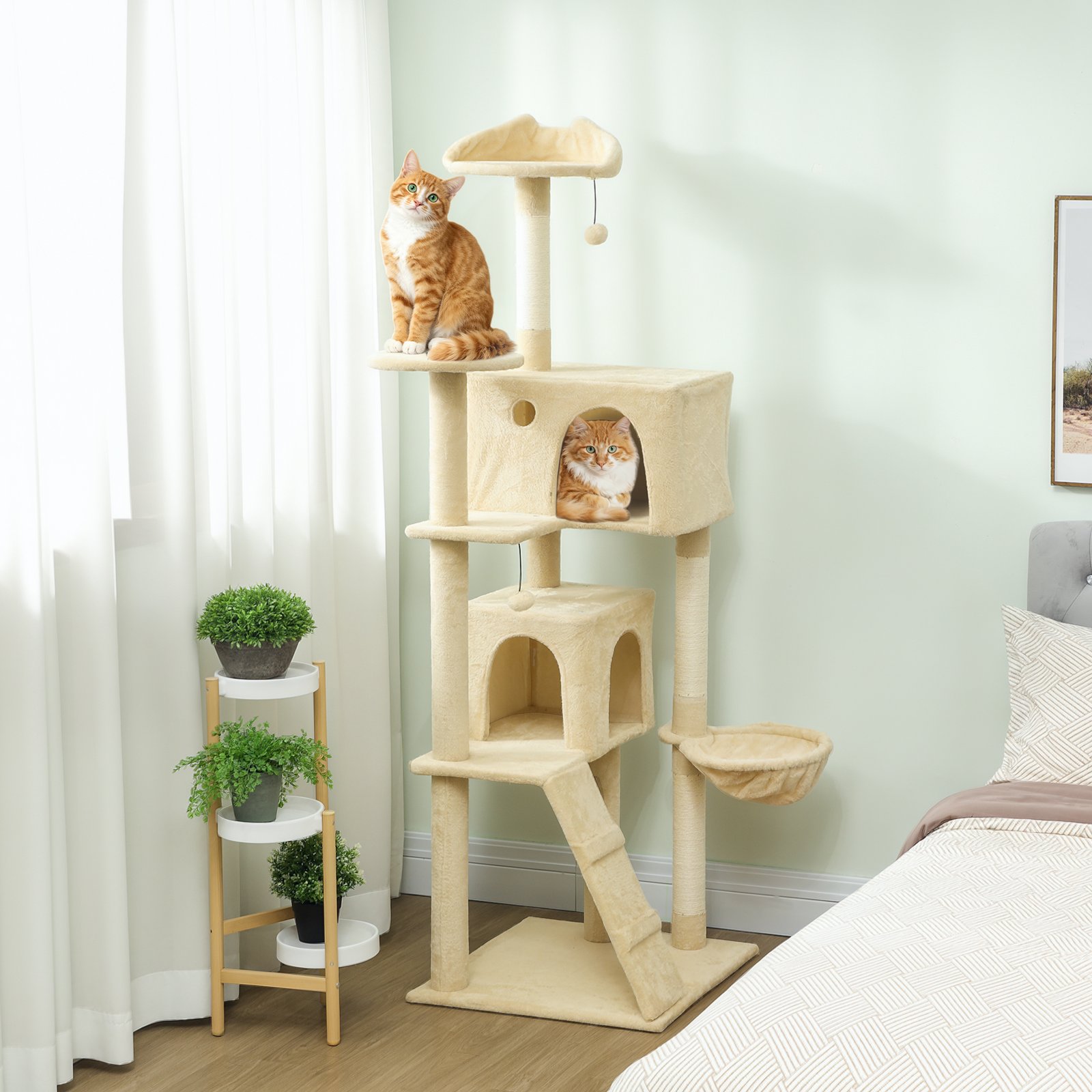 180cm Large Cat Tree Tower with Sisal Scratching Posts, Condos, Plush Perches, Hammock, Ladder, Beige