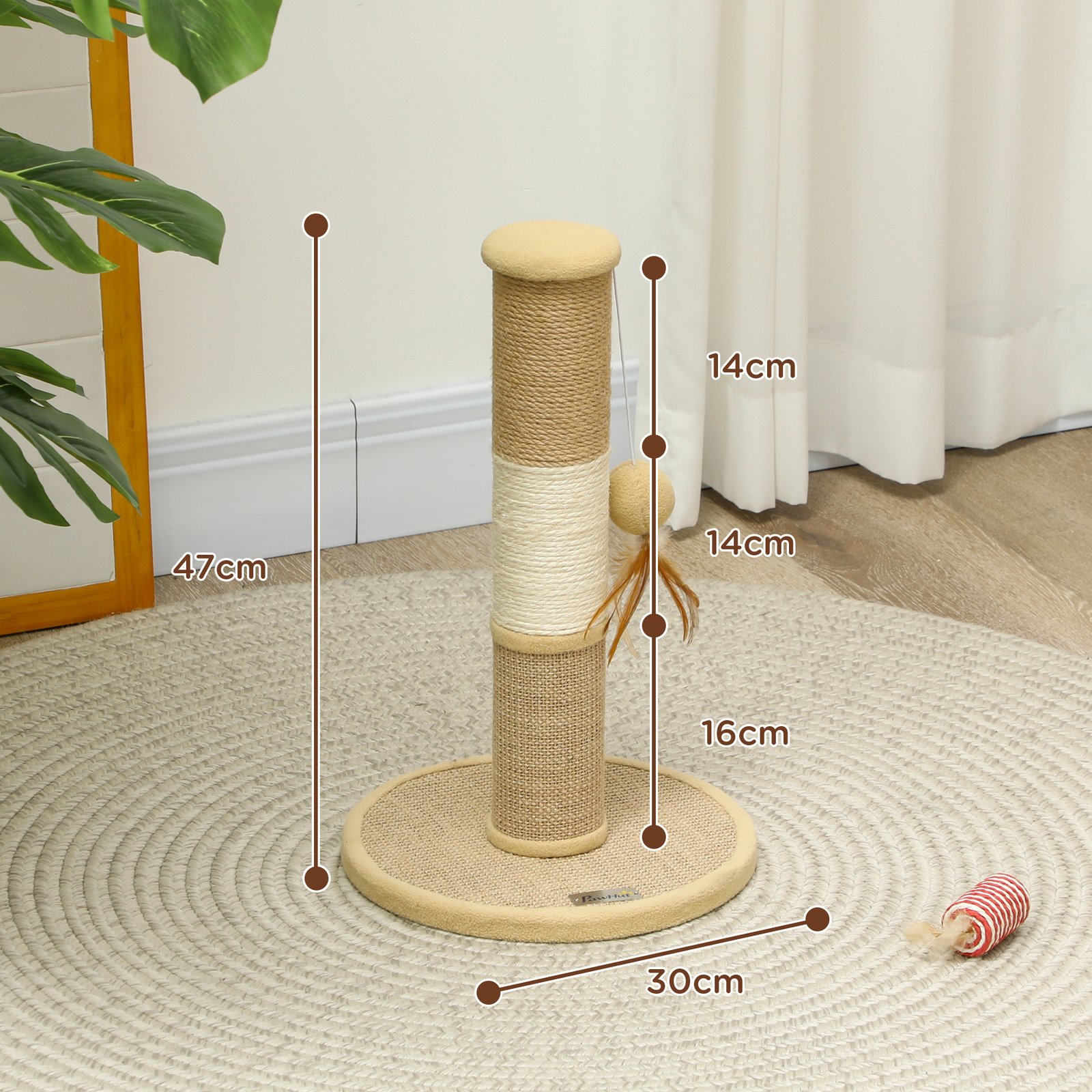 Cat Scratching Post for Indoor Cats, 47cm Tall Cat Scratcher with Jute Sisal Rope, Hanging Toy Ball, Feather, Brown - Image 3