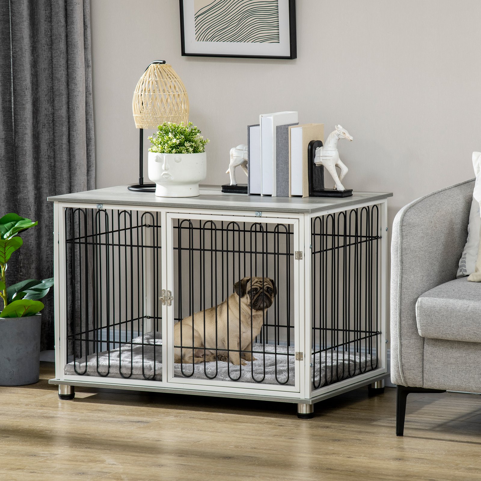 Indoor Dog Crate Furniture, Side End Table, with Soft Washable Cushion, Lockable Doors, for Small and Medium Dogs