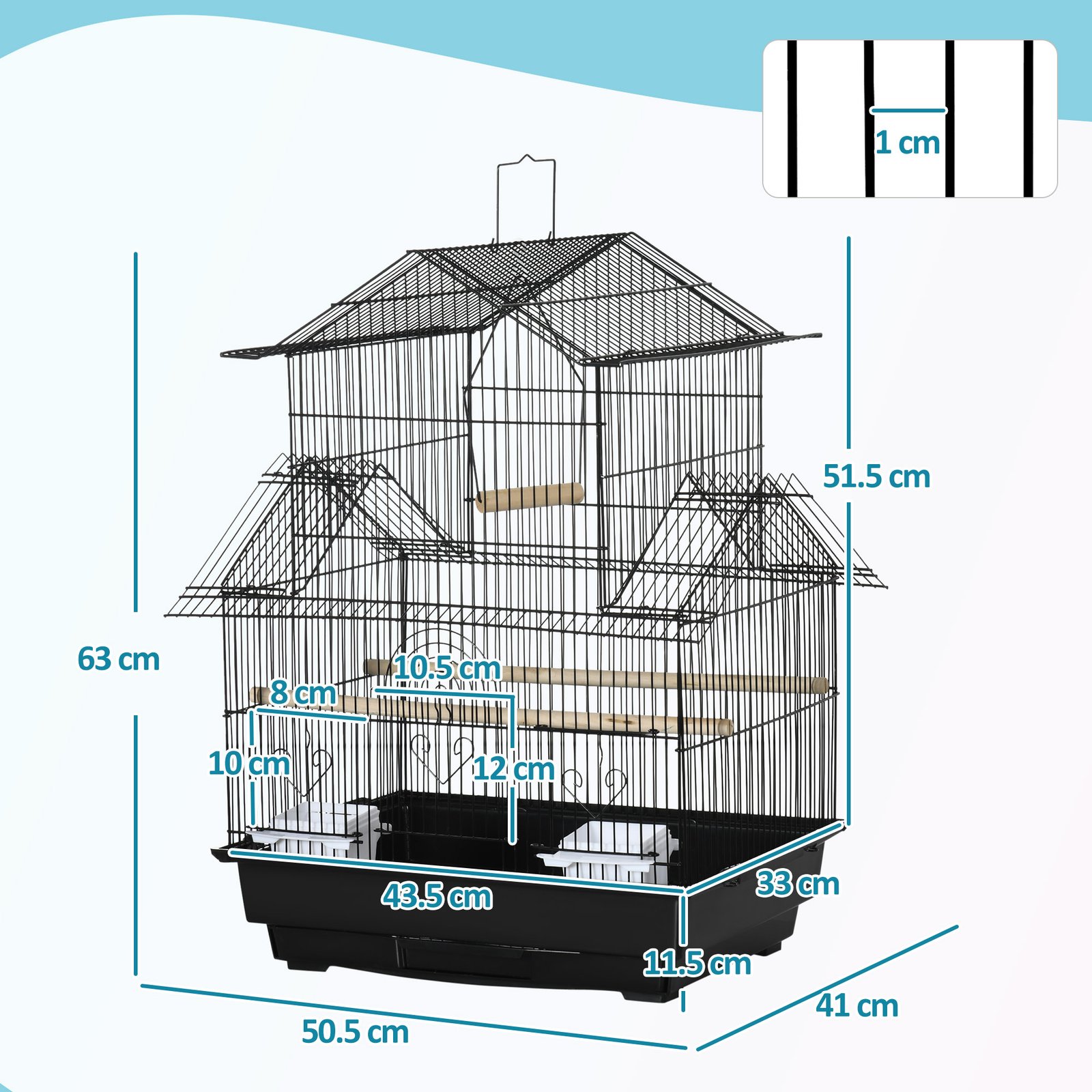 Metal Bird Cage with Plastic Swing Perch Food Container Tray Handle for Finch Canary Budgie 43.5 x 33 x 63 cm, Black - Image 3