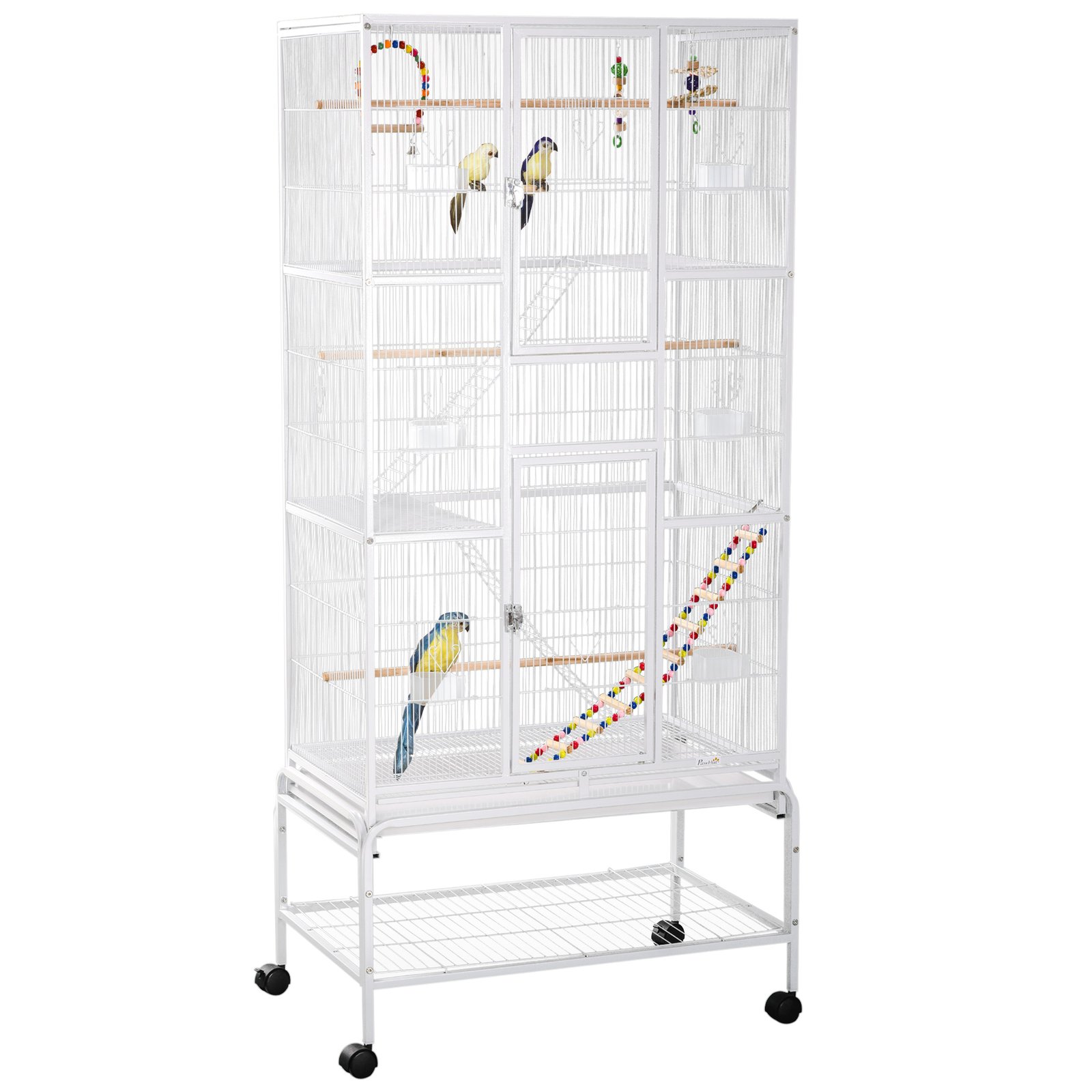 Large Bird Cage Budgie Cage 3 Tier Aviary with Stand Wheels, Toys, Ladders, Shelf for Canaries, Finches, Cockatiels, Parakeets - White