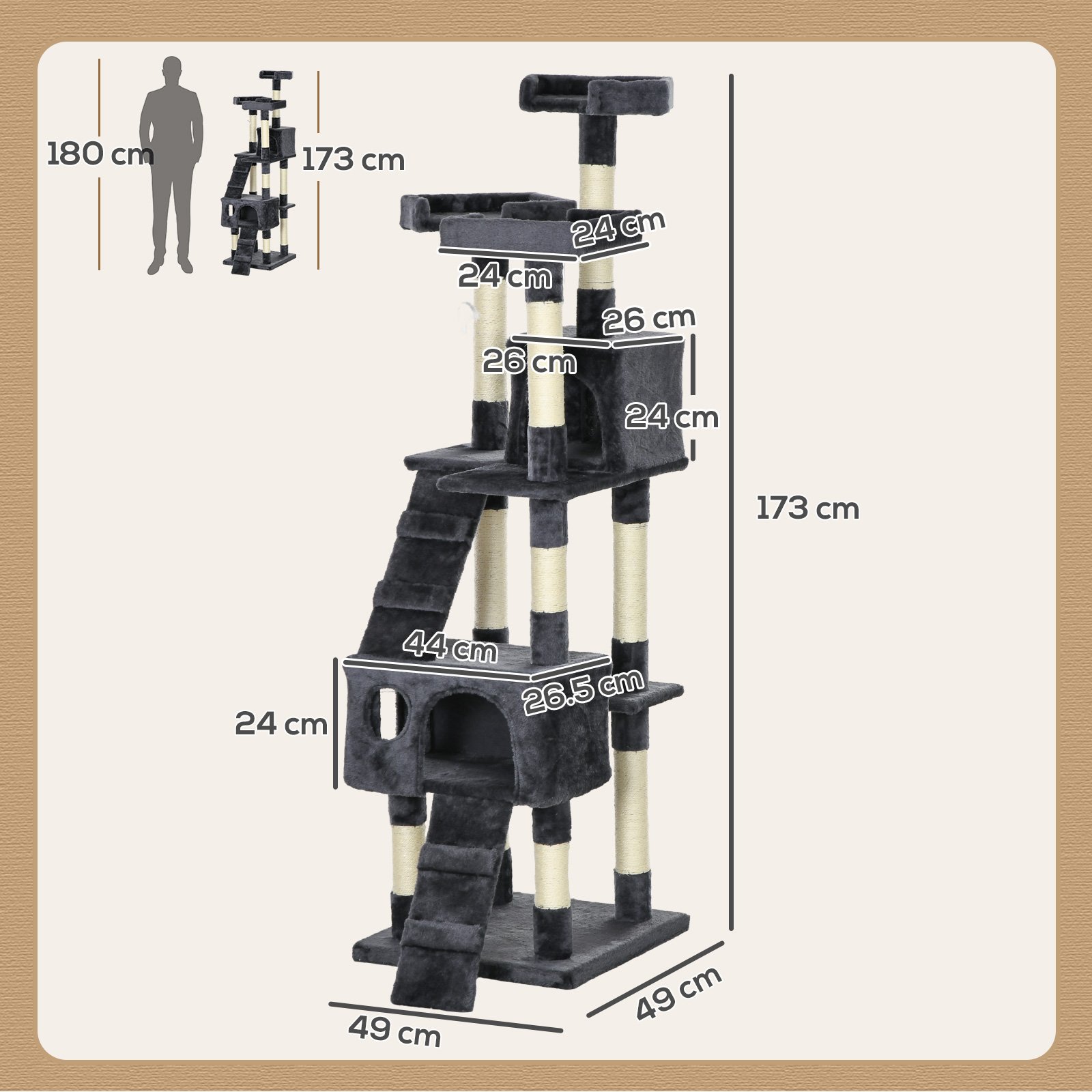 173cm Cat Tree Scratching House, Activity Play Centre, Charcoal Grey