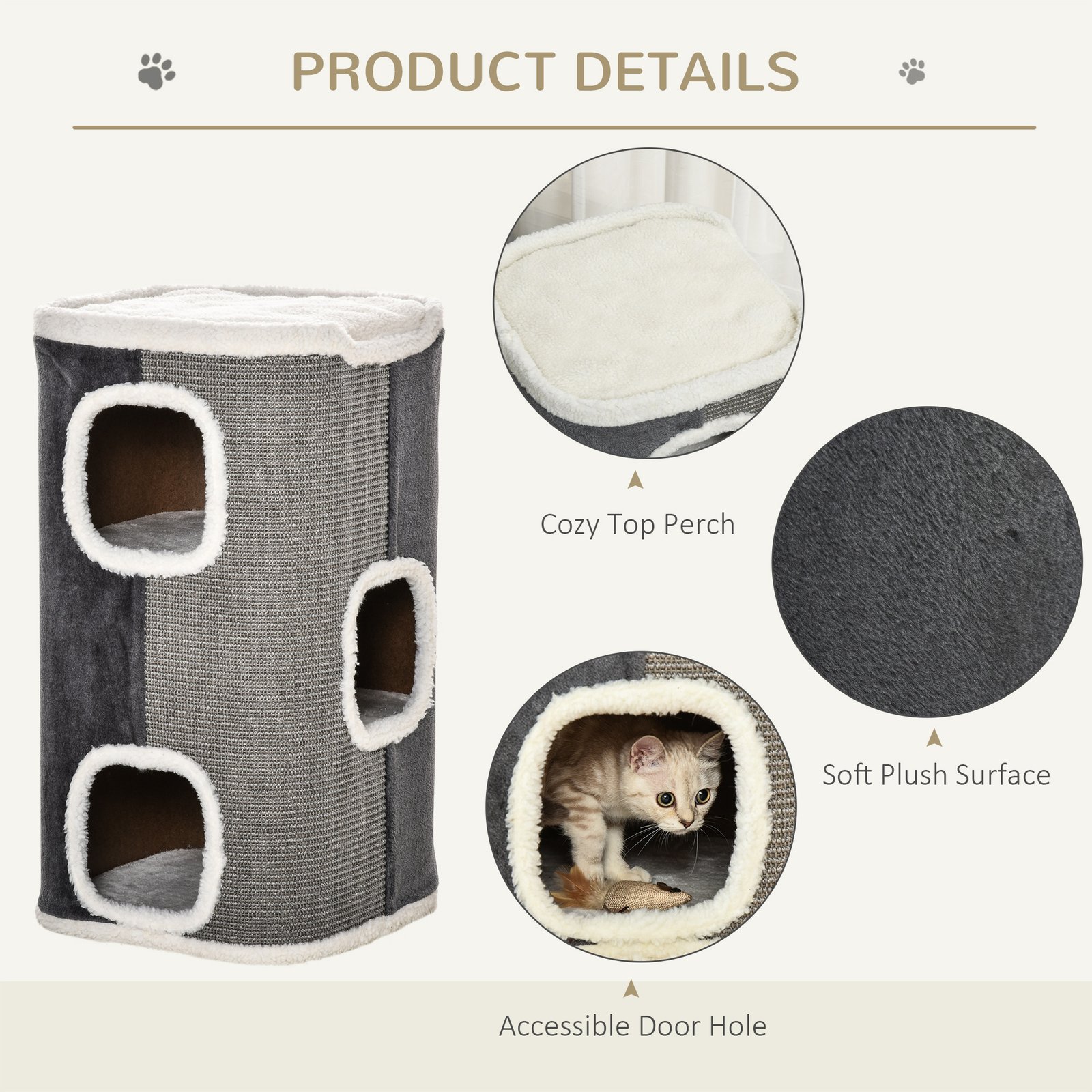 Cat Barrel Scratching Post Cat Tree for Indoor Cats Kitten Climbing Frame Pet Play Tower Soft Plush & Lamb Fleece Grey