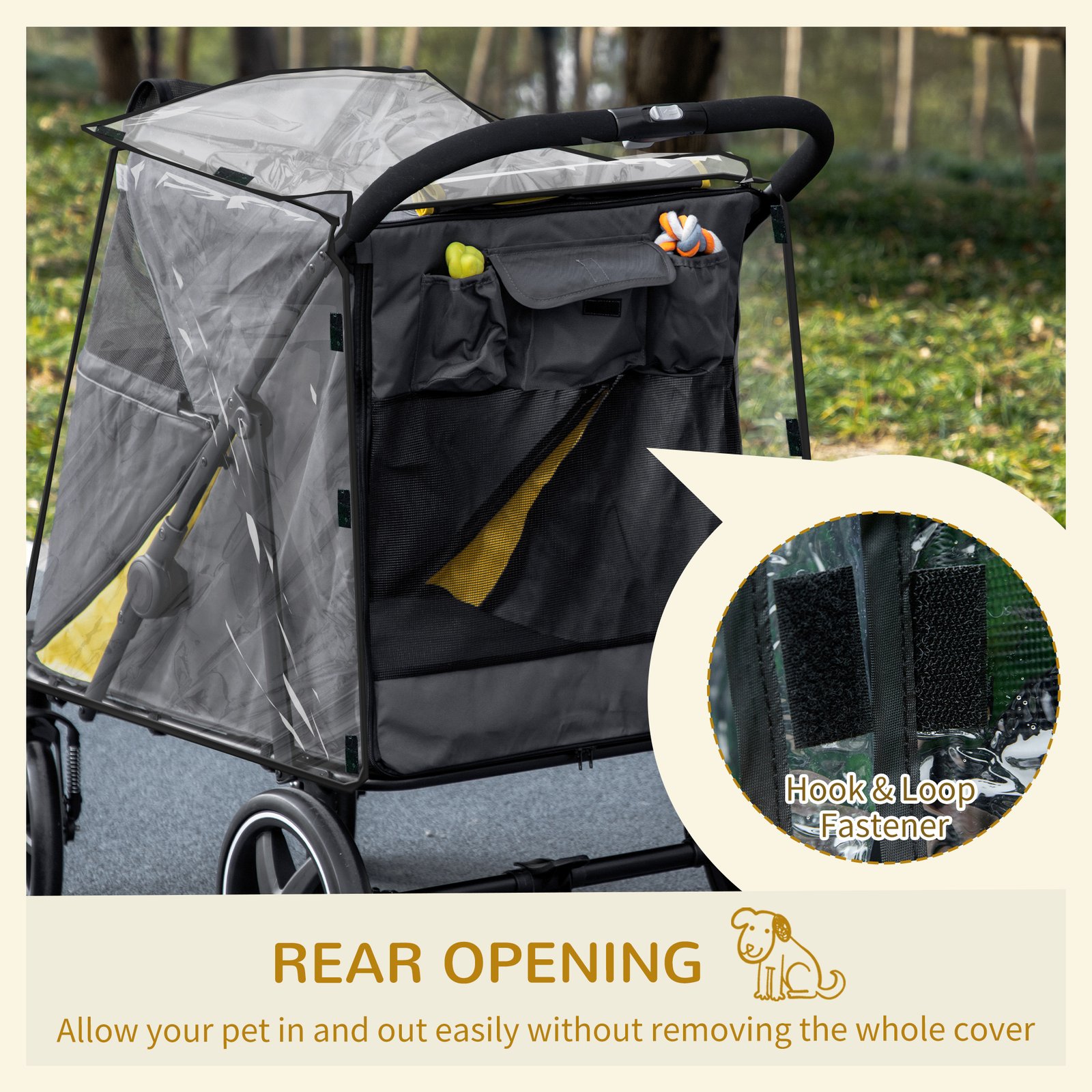 One-Click Foldable Pet Travel Stroller with Rain Cover, Cat Dog Pushchair with Universal Front Wheels, Shock Absorber, Storage Bags, Mesh Window, Safety Leash for Large and Medium Dogs (Grey) - Image 7