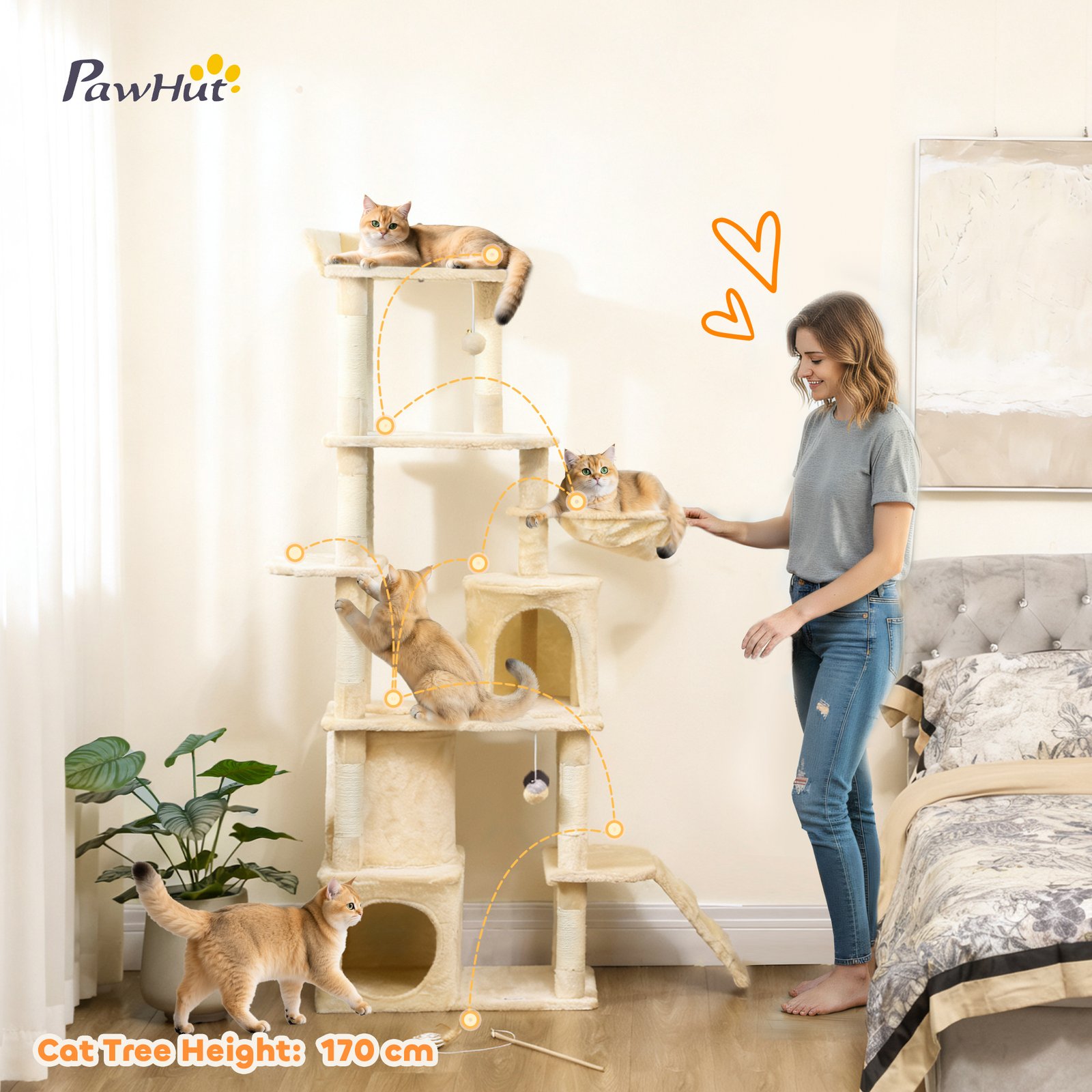 170 cm Large Cat Tree, Cat Tower with 7 Scratching Posts, Tunnel, 2 Condos, Hammock, Perch, Ramp, Pompoms, Beige - Image 4