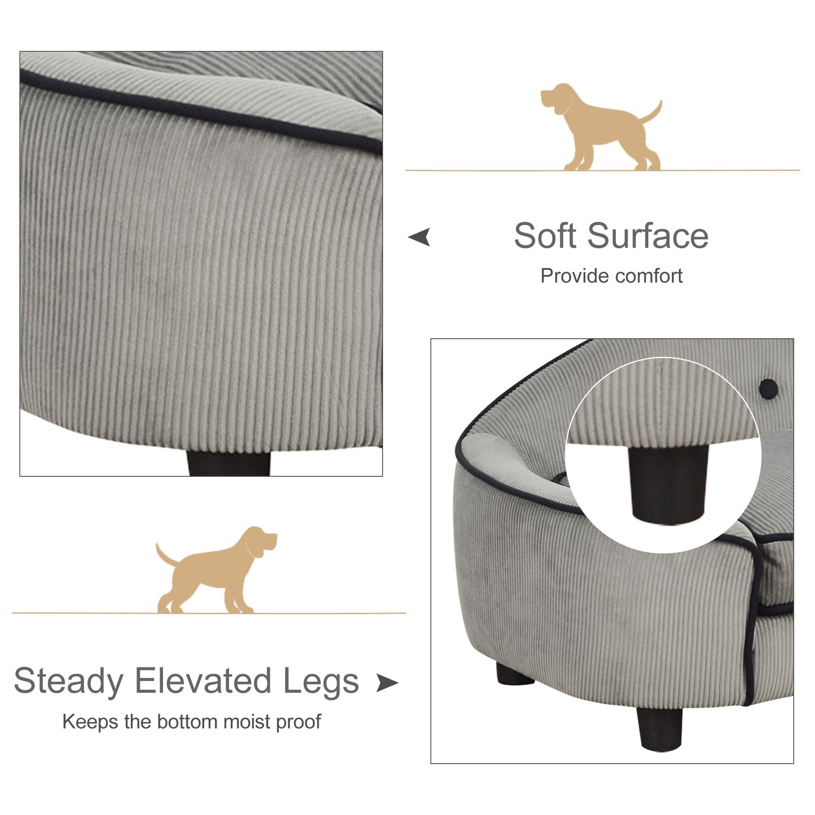 Dog Sofa for XS and S Size Dogs, Pet Chair Bed with Soft Cushion, Cat Sofa Couch with Washable Cover, Wooden Frame, 66.5 x 45 x 35.5 cm, Grey