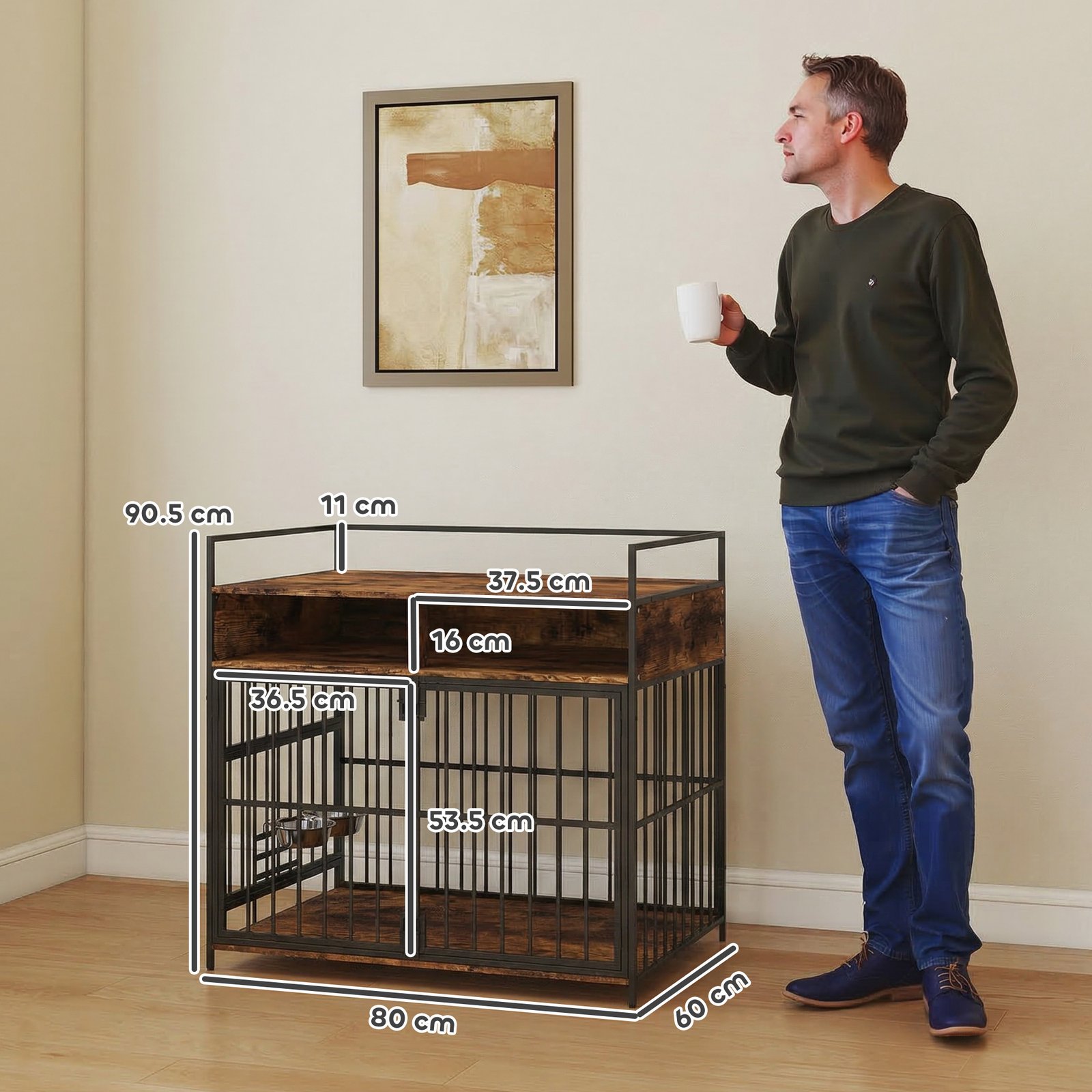 Dog Crate Furniture, Dog Cage with Rotatable Feeding Station and Storage Shelves, End Side Table Indoor Pet Kenne - Image 3
