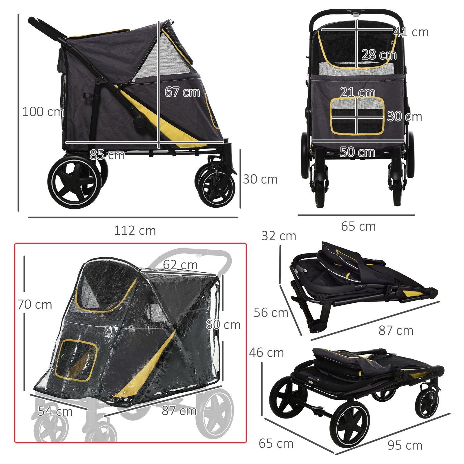One-Click Foldable Pet Travel Stroller with Rain Cover, Cat Dog Pushchair with Universal Front Wheels, Shock Absorber, Storage Bags, Mesh Window, Safety Leash for Large and Medium Dogs (Grey) - Image 3